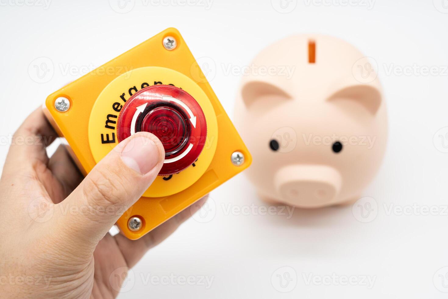 Concept of emergency savings fund. A piggy bank and stop button. money saving for emergency money. photo