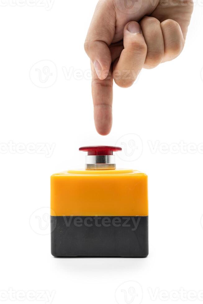 Stop Button and the Hand of Worker About to Press it. emergency stop button. Big Red emergency button or stop button for manual pressing. isolated on white background. photo
