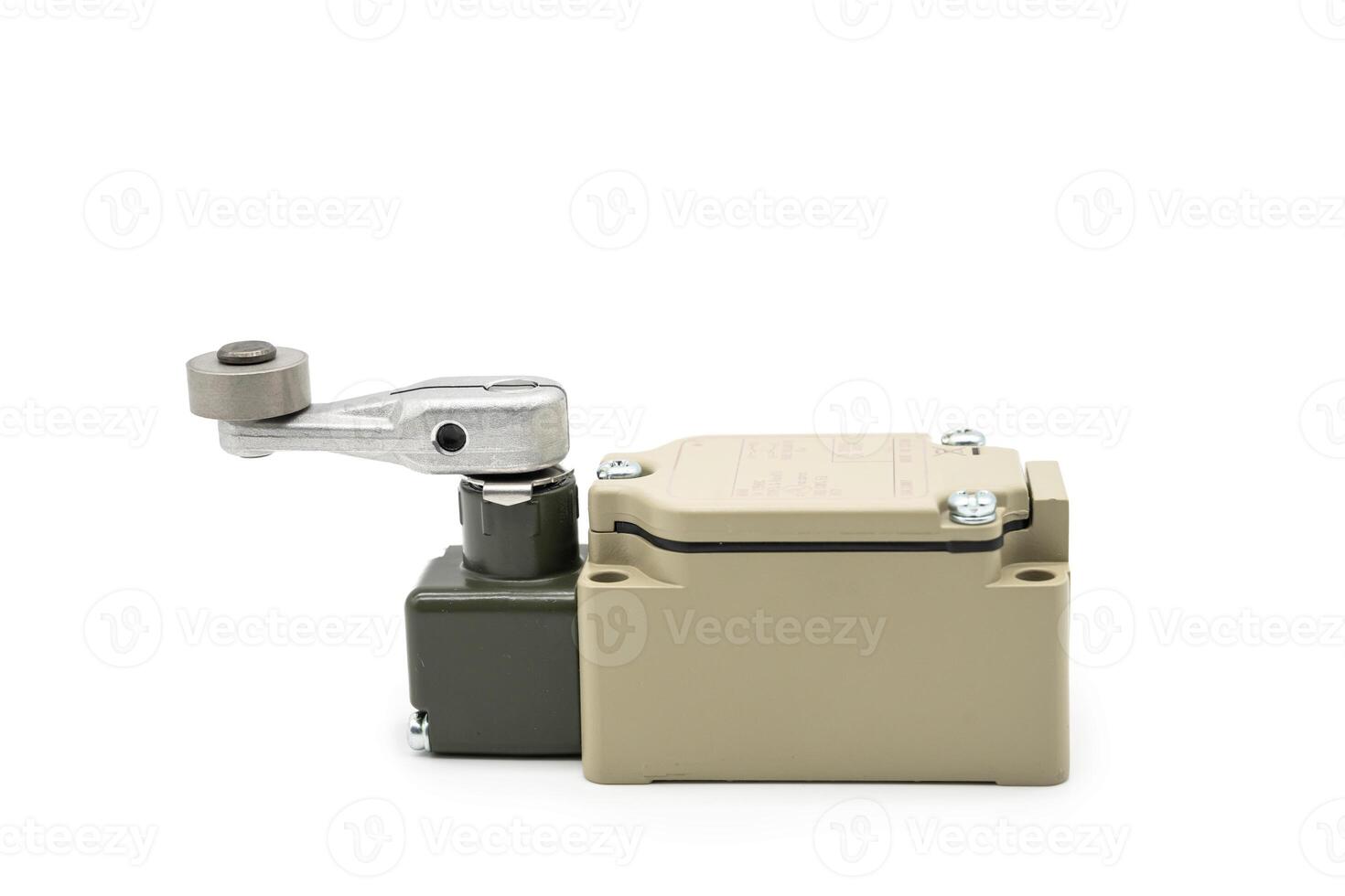 Limit switch sensor of the machine. limit switch for mechanical movement and actuators limits. isolated on white background of limit switch, control device, electrical equipment in control system. photo