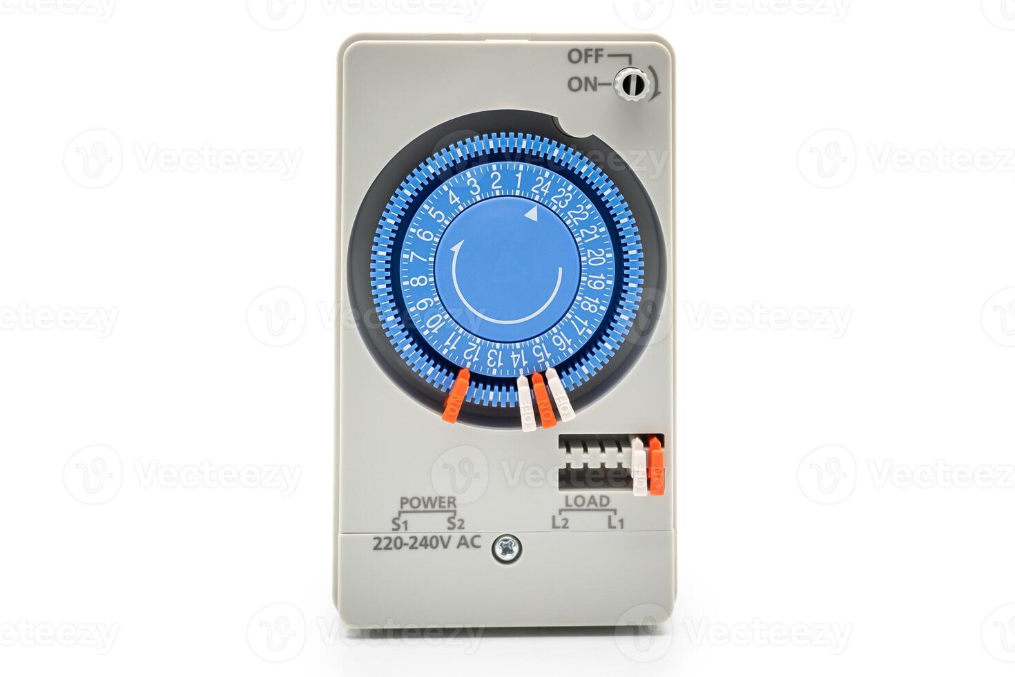 Mechanical timer switch isolated on white background. Electrical Analog timer for control AC switching 24 hours Daily programmable, Circuit control for mechanical timer industry. photo