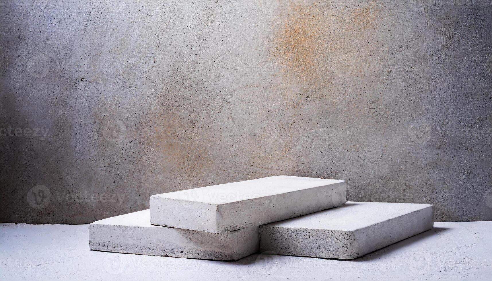 AI generated Aesthetic composition of three white textured display concrete blocks against a subtle grey concrete backdrop. Perfect for product display or minimalist art presentations photo