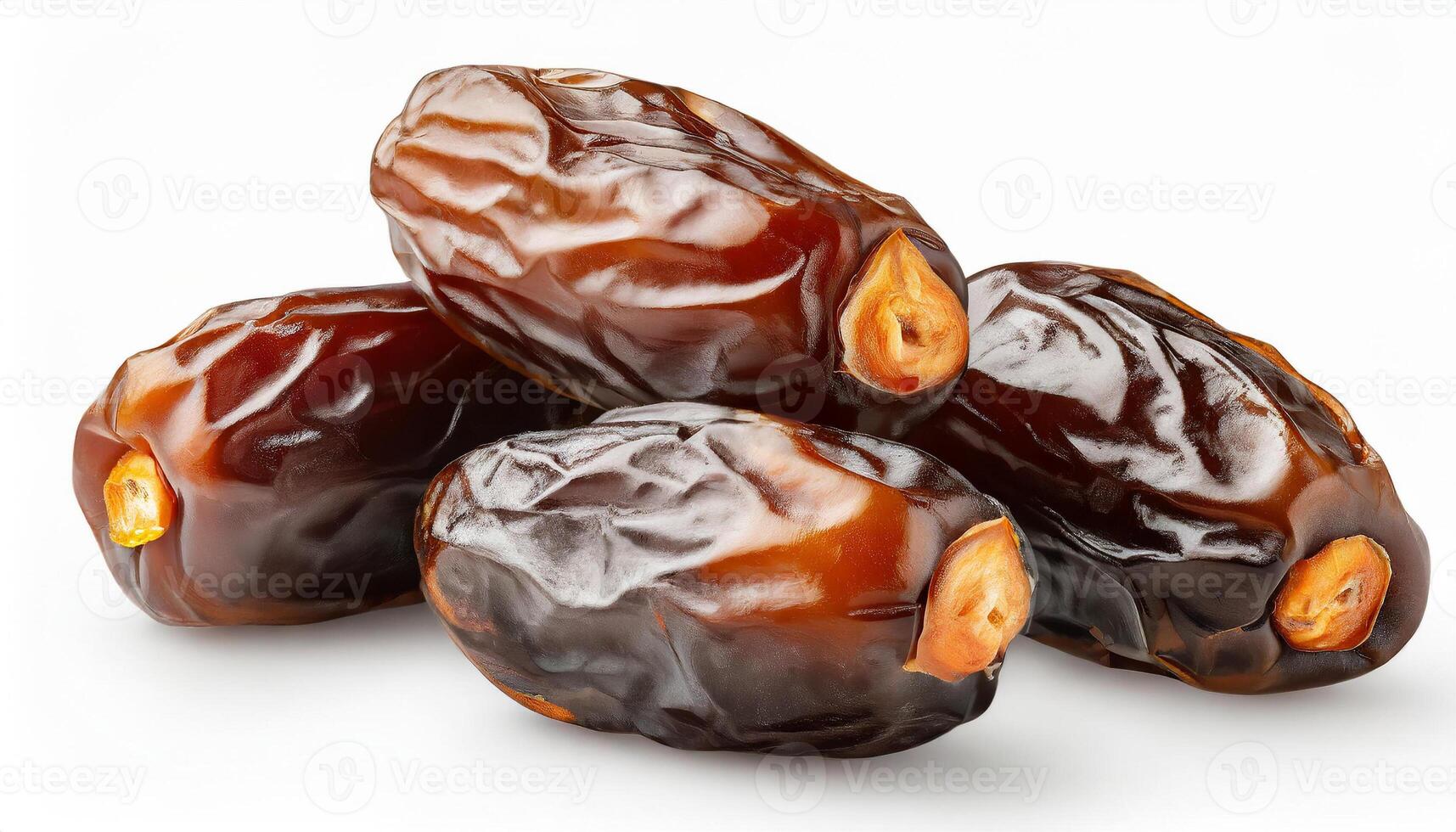 AI generated Close-up view of juicy and glossy, succulent dates, rich in detail and color, glossy texture highlighted, isolated on white background, Ideal for Ramadan and culinary themes photo