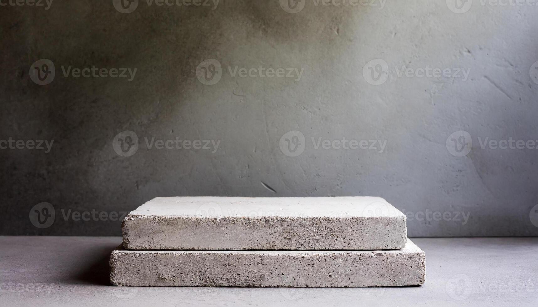 AI generated Aesthetic composition of two white textured display concrete blocks against a subtle grey concrete backdrop. Perfect for product display or minimalist art presentations. photo
