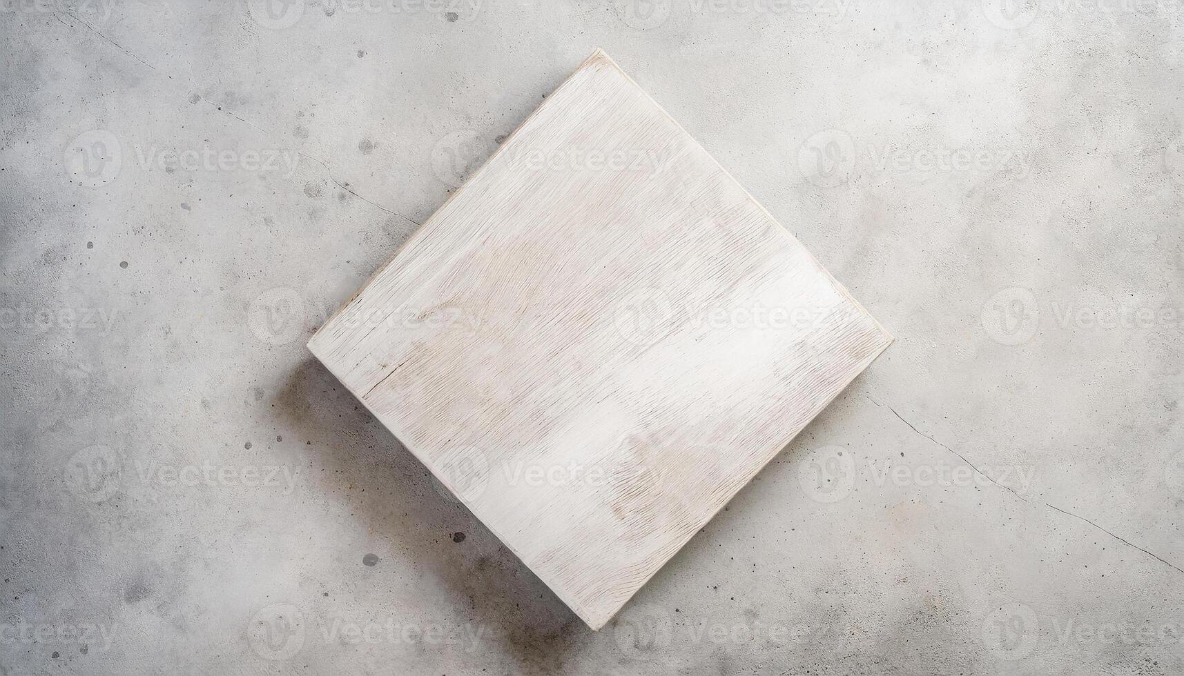 ai generado parte superior ver de un prístino de madera pedestal en un texturizado hormigón mesa. ideal para comida monitor o culinario presentaciones, flatlay antecedentes. foto