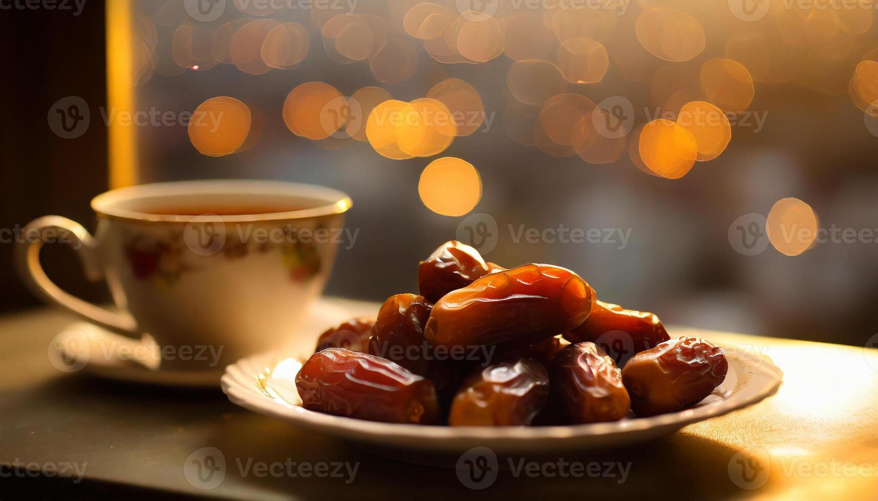 AI generated A warm inviting image of a cup of tea and a plate of dates in front of window The golden bokeh background illuminates the composition highlighting the subjects Perfect for Ramadan themes photo