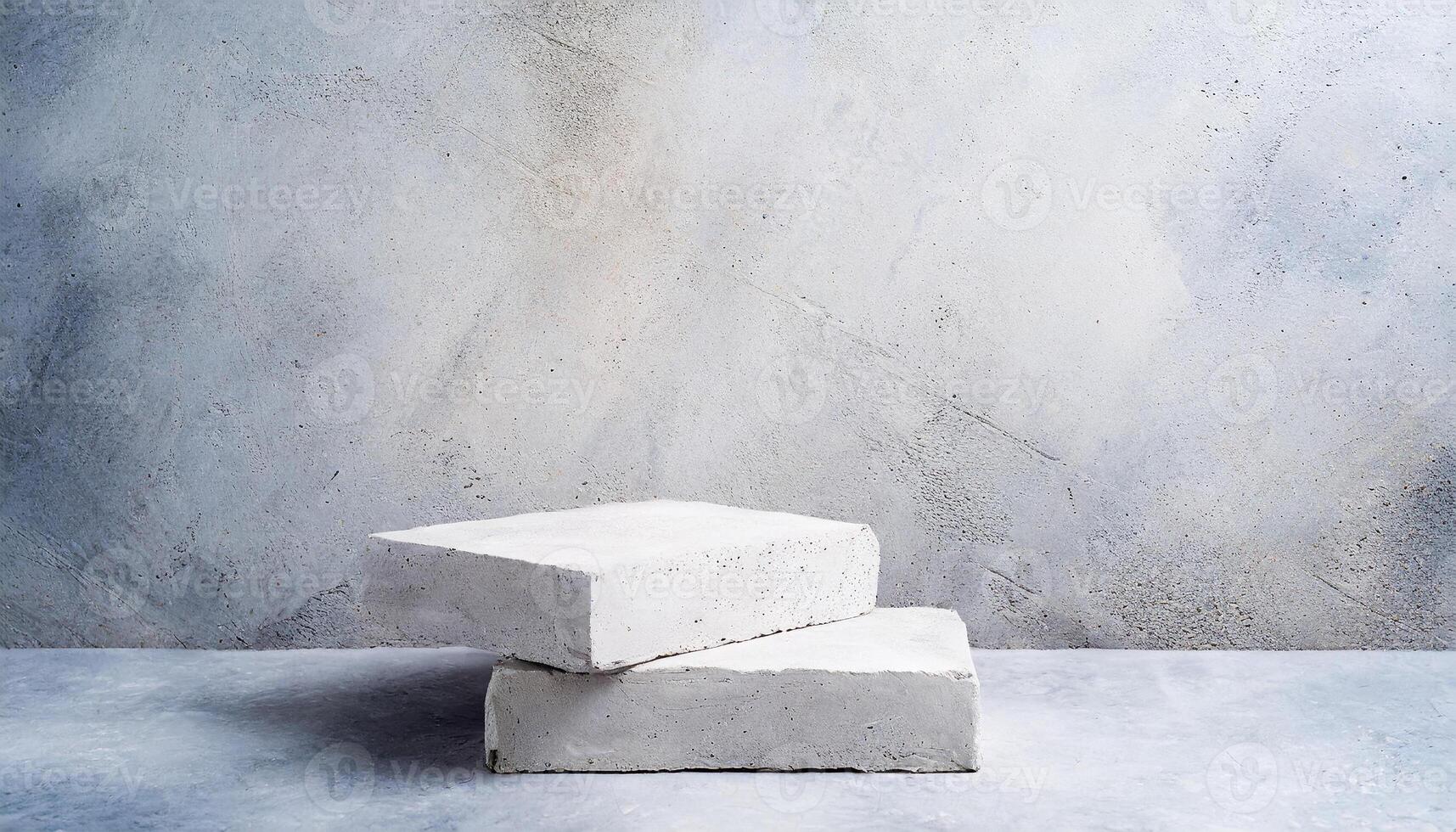 AI generated Aesthetic composition of two white textured display concrete blocks against a subtle grey concrete backdrop. Perfect for product display or minimalist art presentations photo