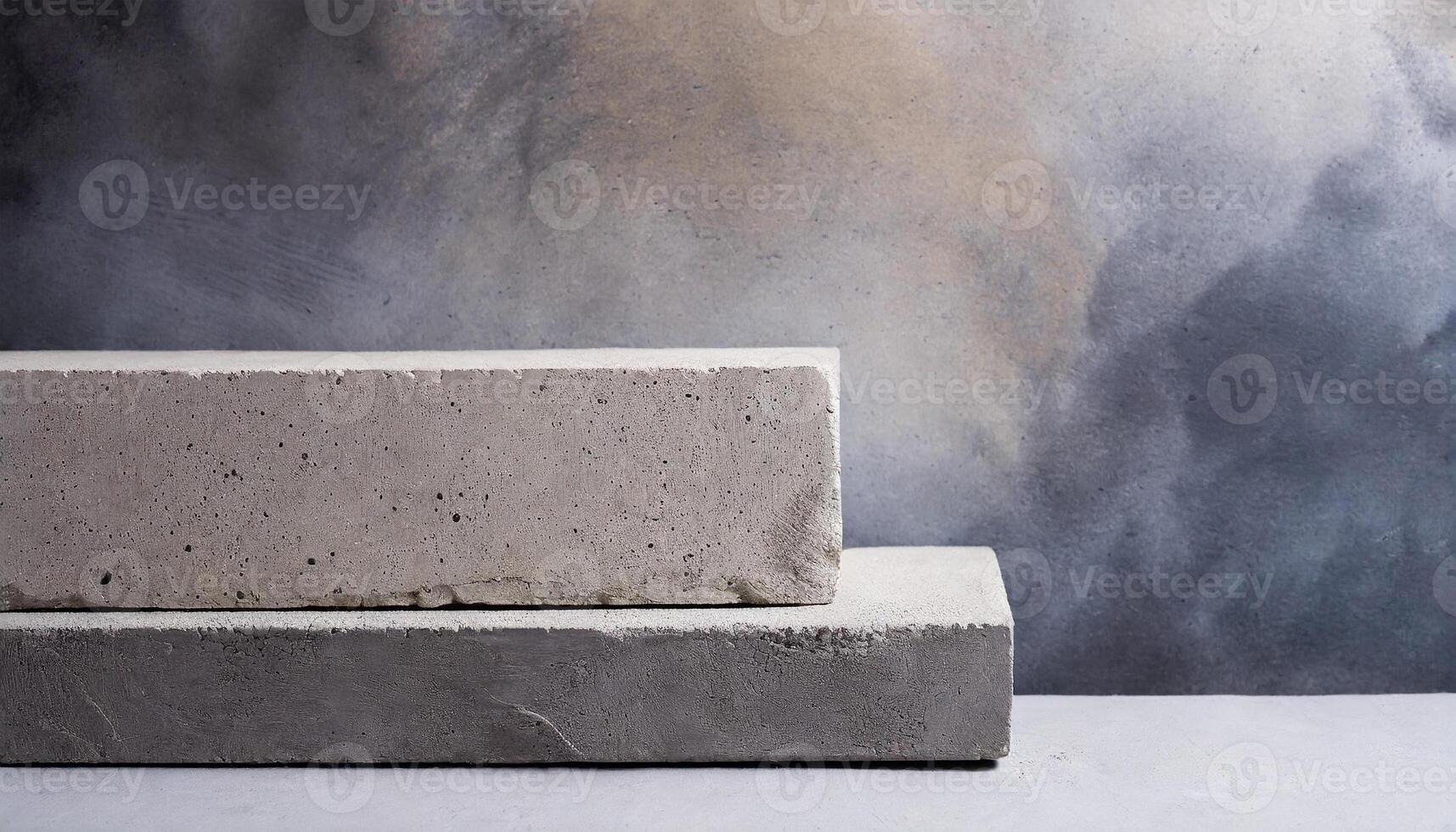 AI generated Aesthetic composition of two white textured display concrete blocks against a subtle grey concrete backdrop. Perfect for product display or minimalist art presentations. photo
