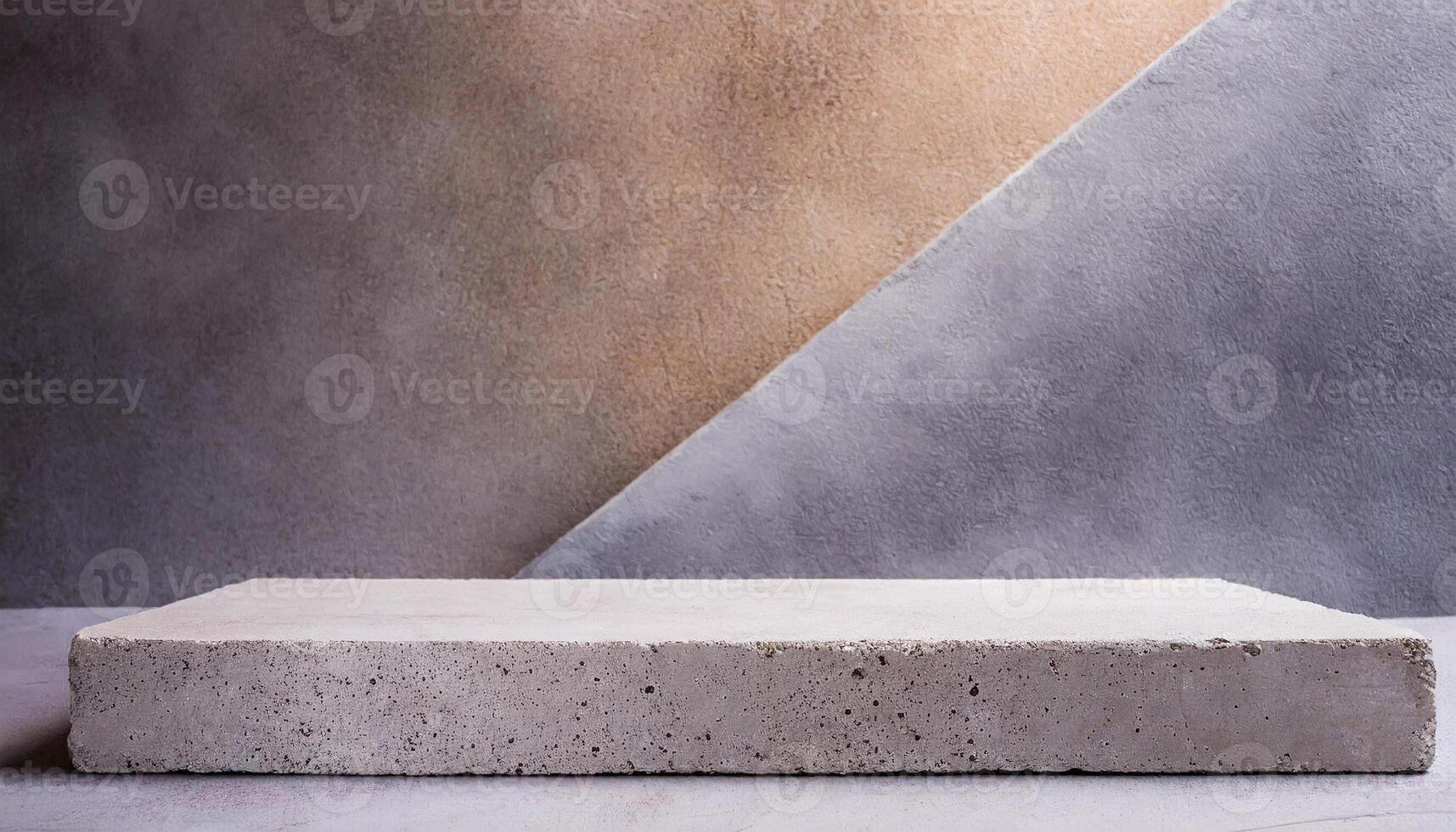 AI generated A composition of a textured concrete concrete platform against a dual-toned geometric concrete backdrop. Ideal for product display or minimalist art presentations. photo