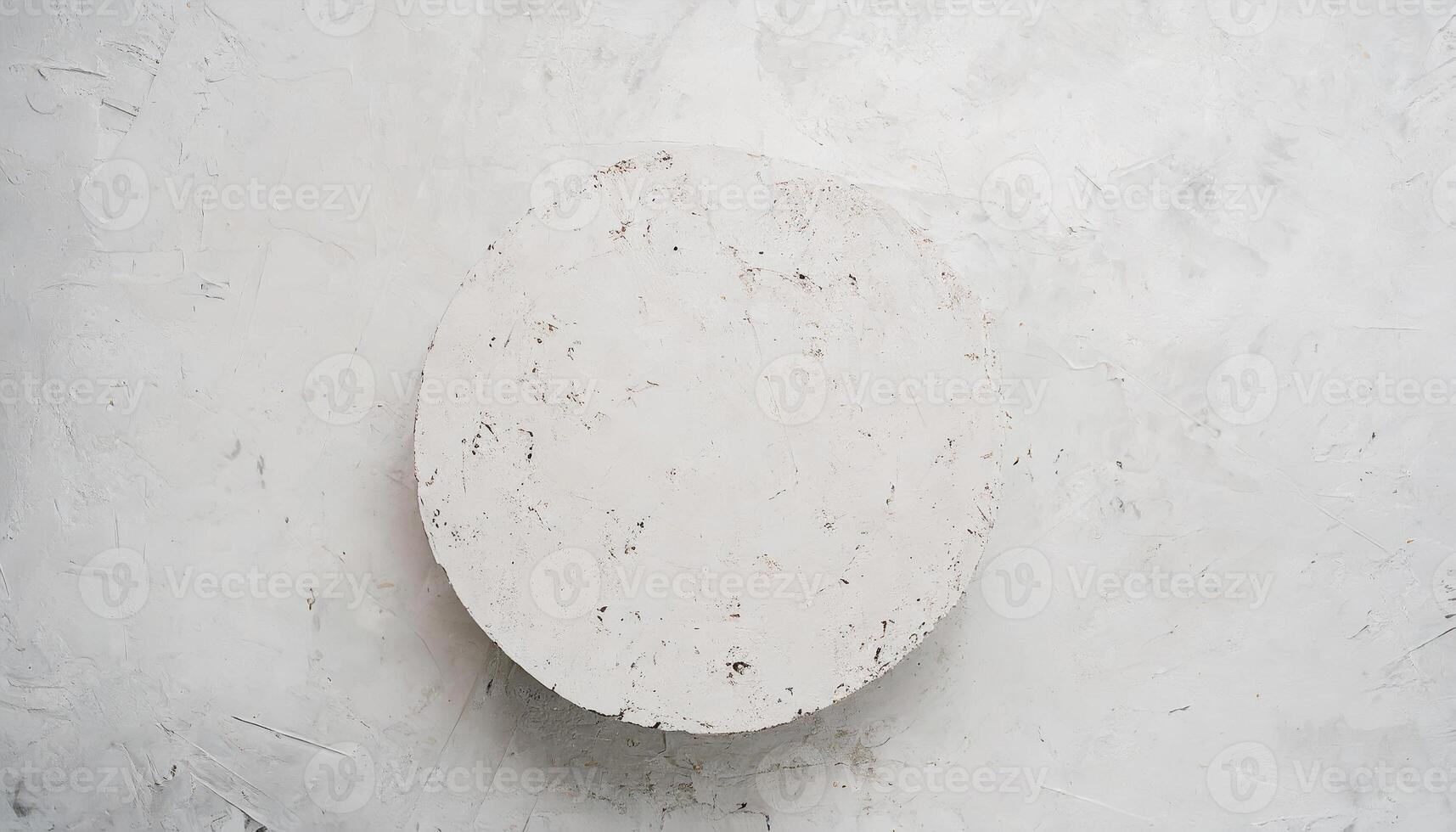 AI generated A top view of a round, white concrete pedestal on a white textured concrete table, ideal for food display or recipe presentations, flatlay background. photo