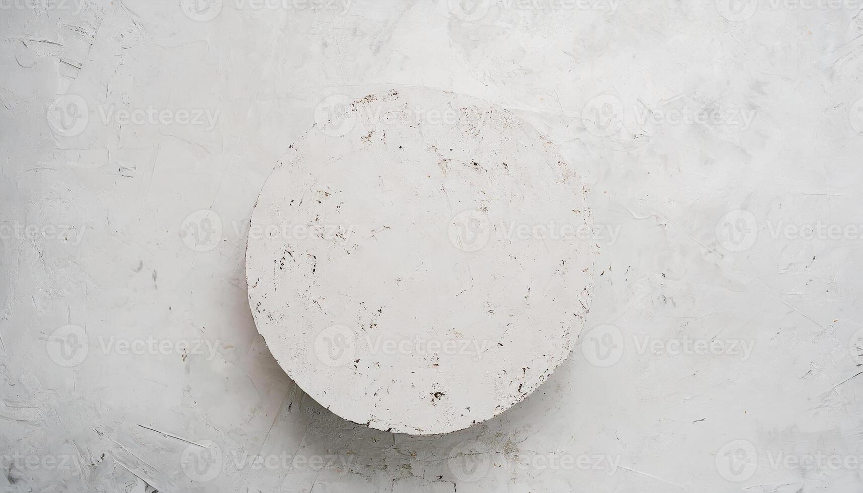 ai generado un parte superior ver de un redondo, blanco hormigón pedestal en un blanco texturizado hormigón mesa, ideal para comida monitor o receta presentaciones, flatlay antecedentes. foto