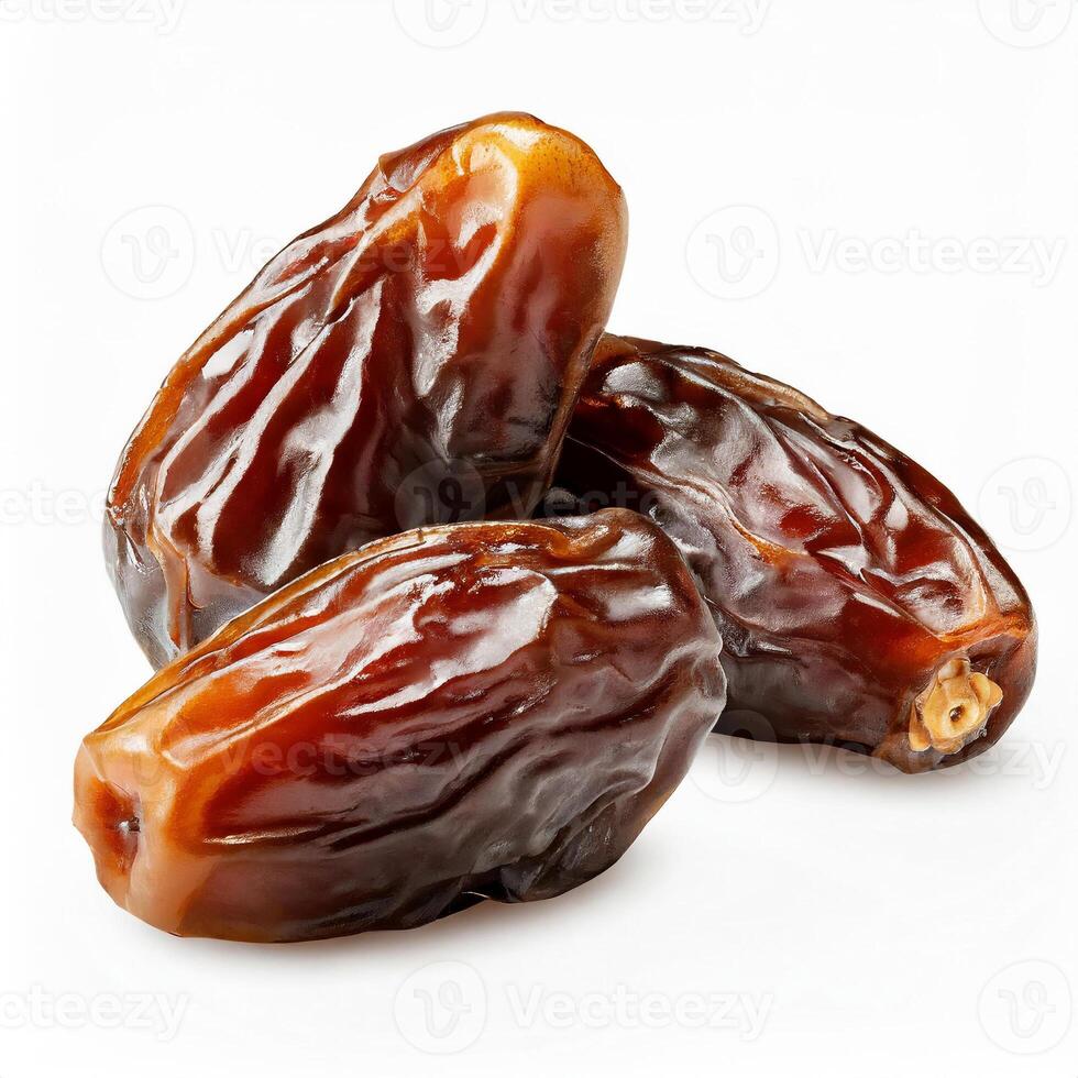 AI generated Close-up view of juicy and glossy, succulent dates, rich in detail and color, glossy texture highlighted, isolated on white background, Ideal for Ramadan and culinary themes photo