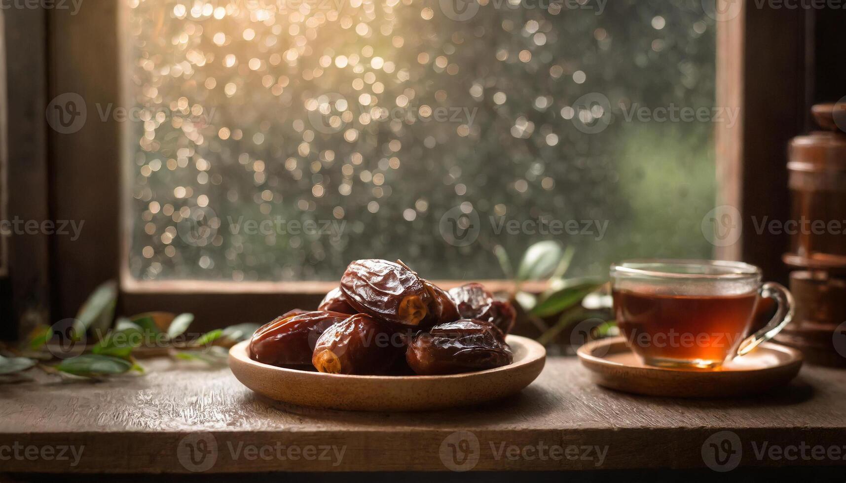 AI generated A serene setting of dates in a wooden bowl with cup of tea in front of window in rainy day, capturing the essence of Ramadan. Ideal for iftar invitations or Ramadan greetings photo