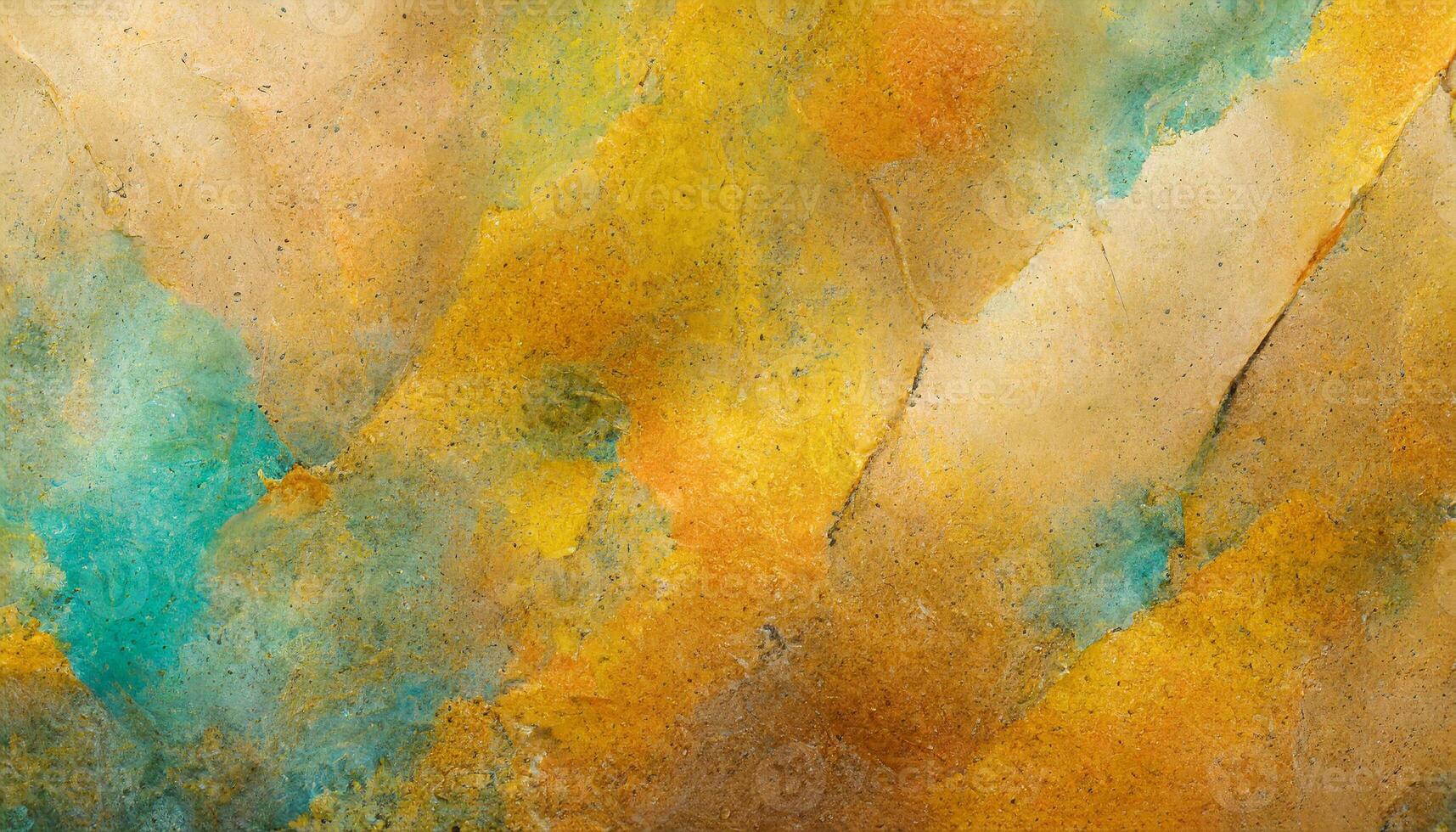 AI generated An abstract vibrant blend of golden, turquoise, and amber hues on textured paper, evoking an ethereal feel. Ideal for backgrounds, art projects, or visual compositions, grunge texture. photo
