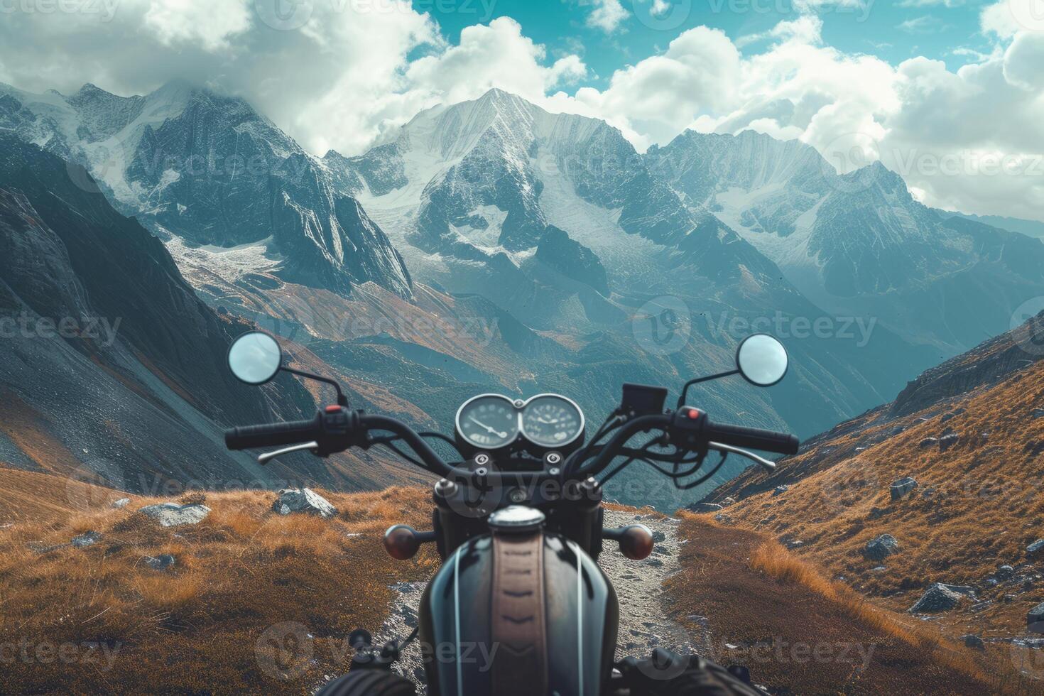 AI generated Motorbike in mountains landscape, first point view photo