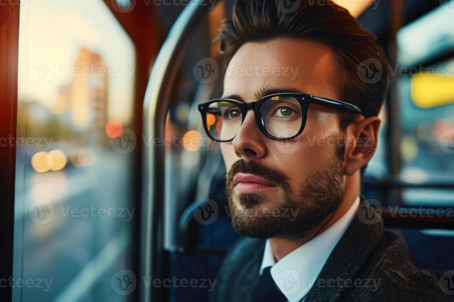 AI generated Business man rides bus to work photo