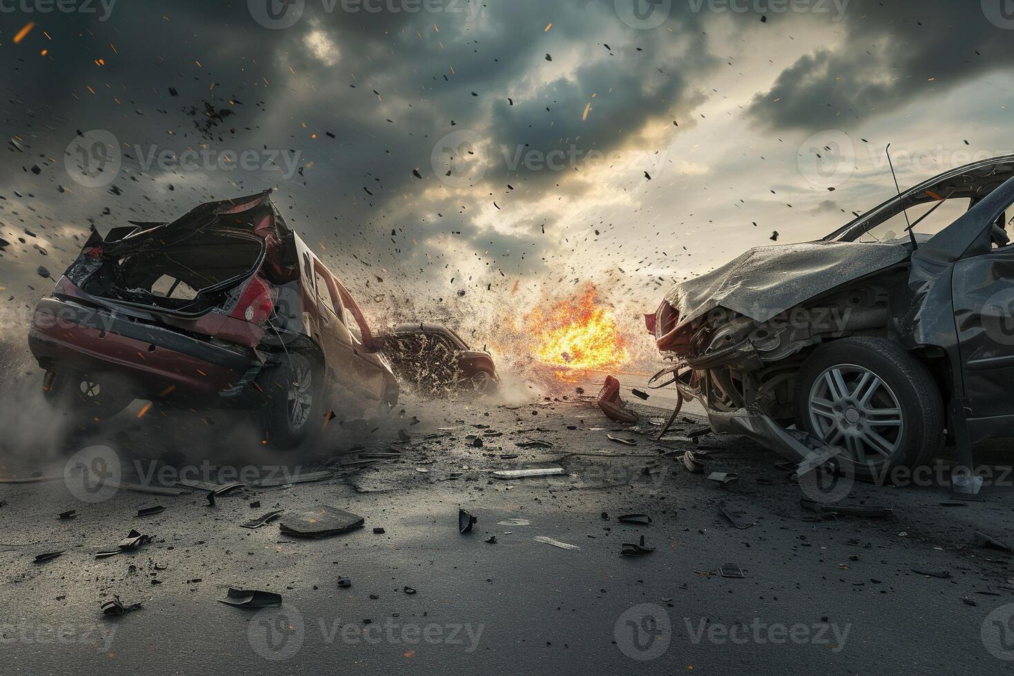 AI generated Car accident. road accident Banner with copy space photo