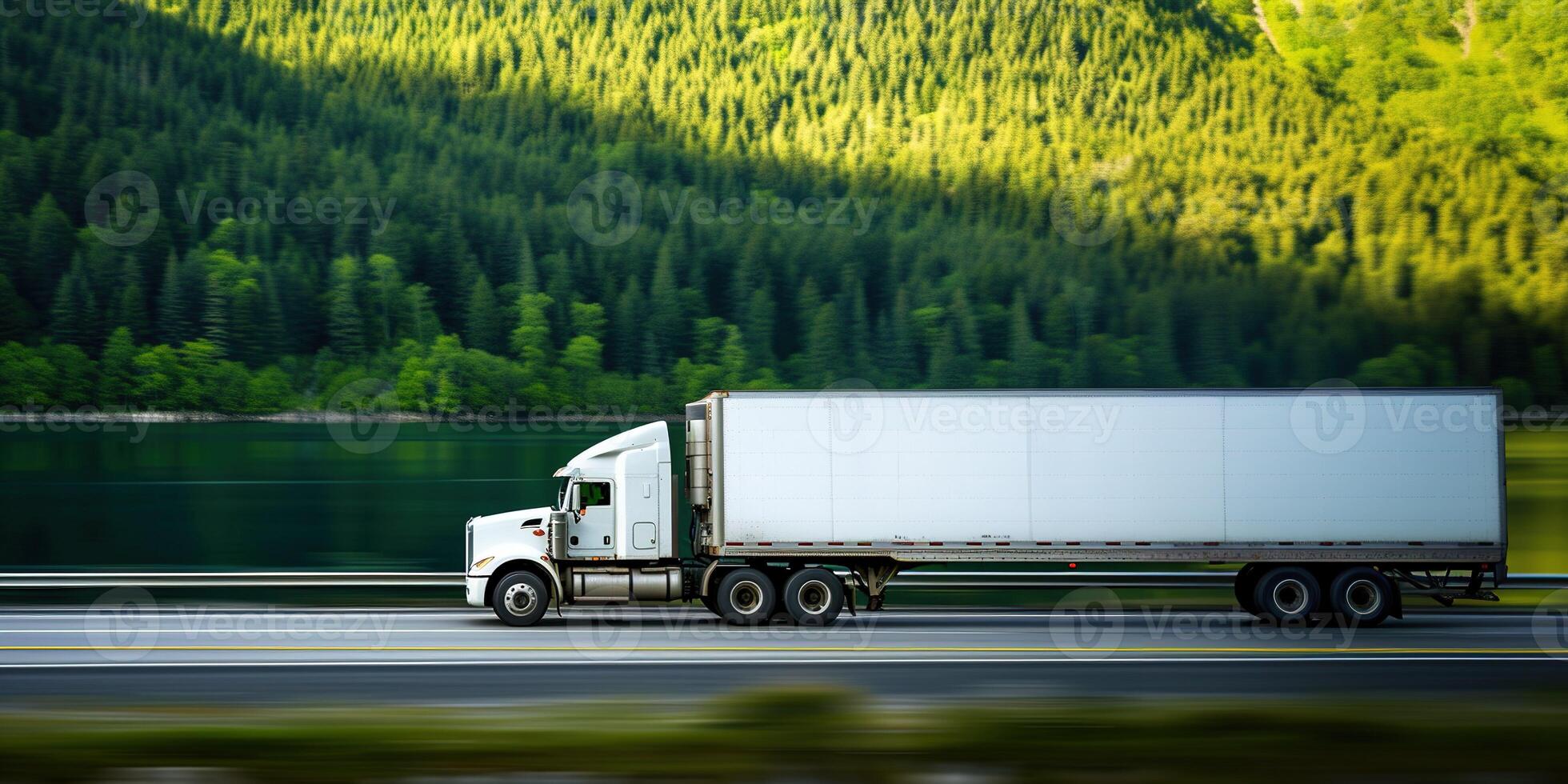 AI generated A large white semi truck was driving on the road near the lake. Commercial cargo semi-truck in a refrigerated semi-trailer along the road with green trees near the lake photo