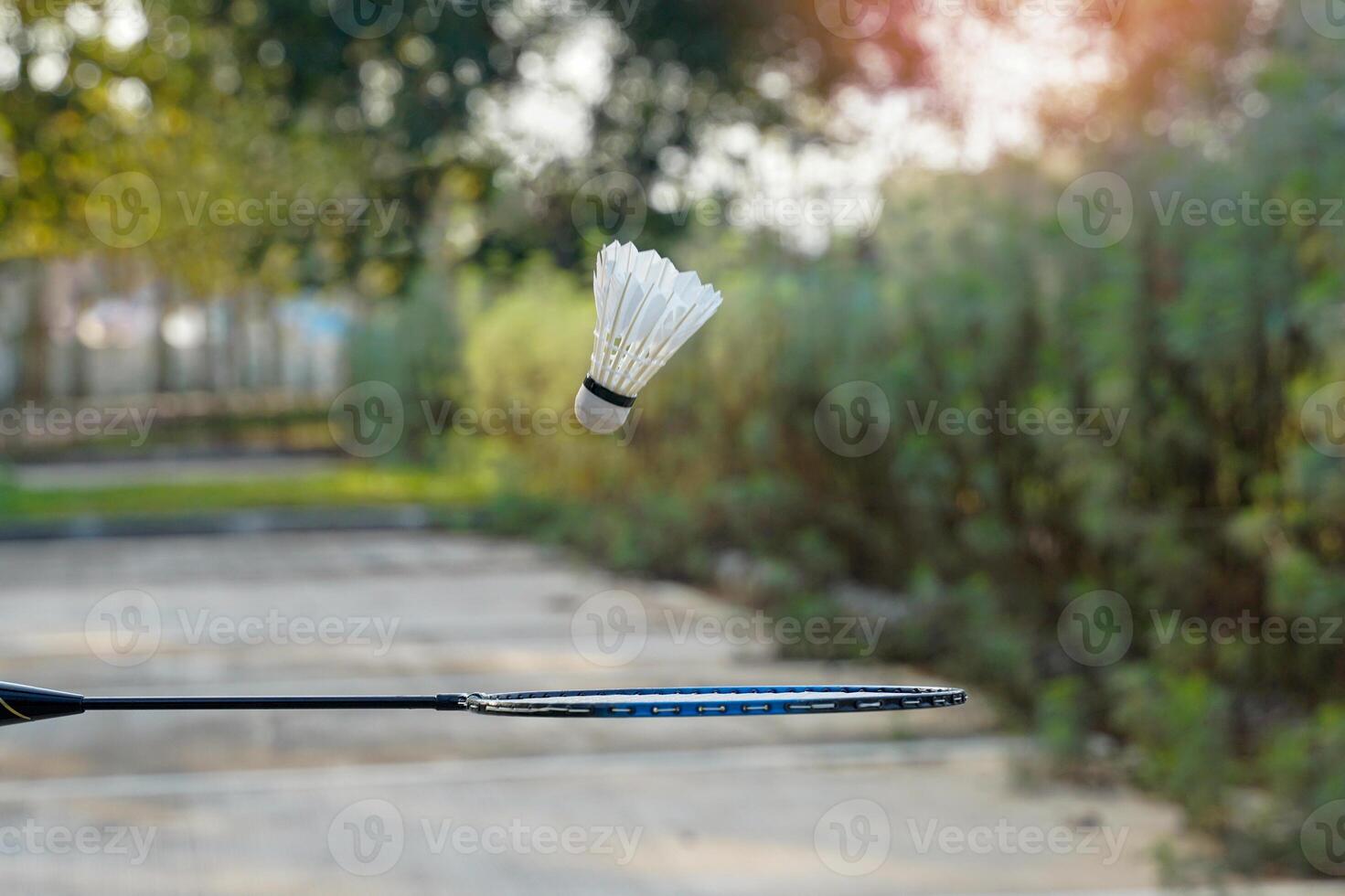 Hand holding a badminton racket to catch a falling white shuttlecock. Concept, playing badminton outdoors, free fall, gravity, sports, recreation. photo