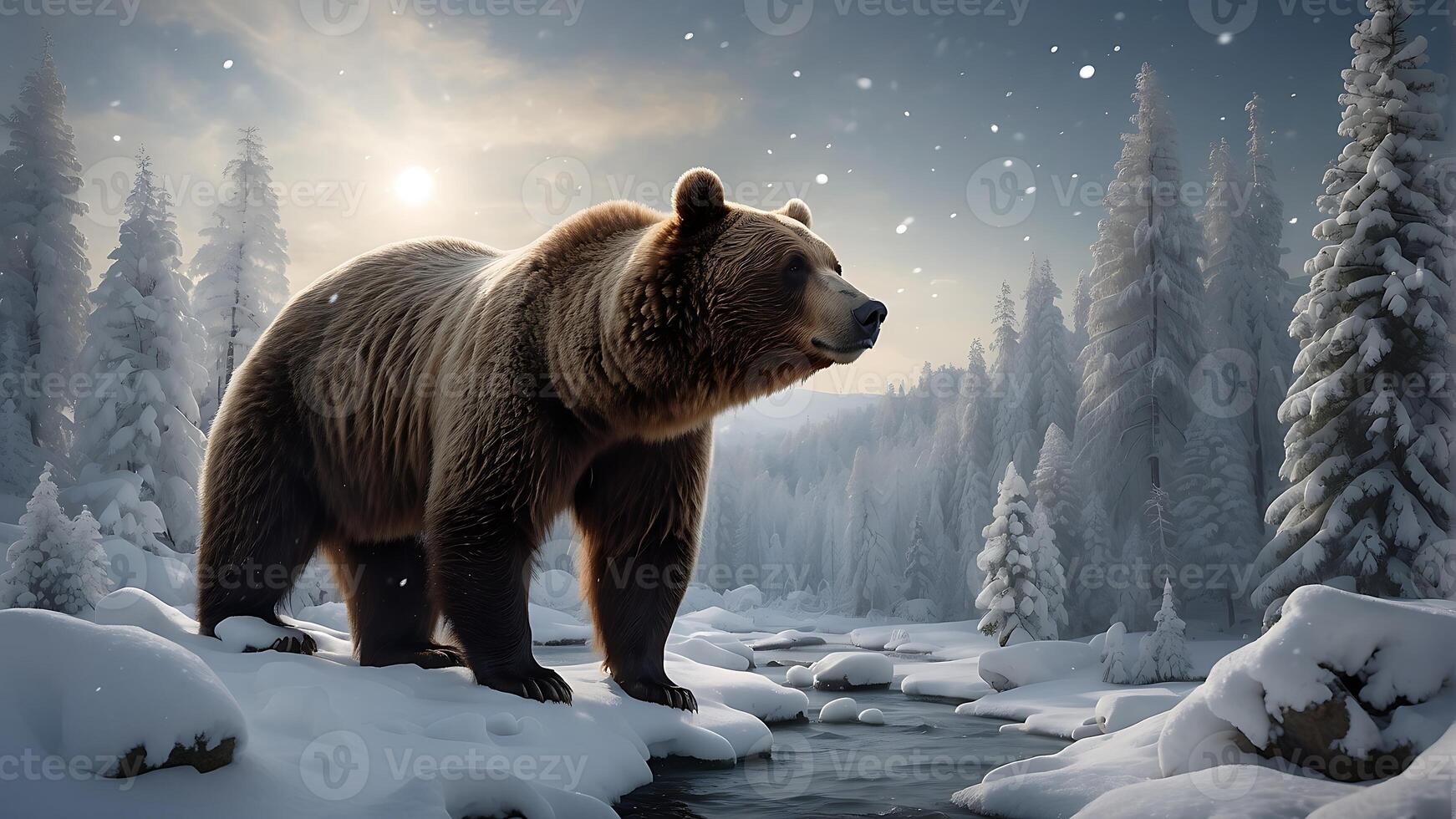 AI generated bear exploring a winter wonderland photo