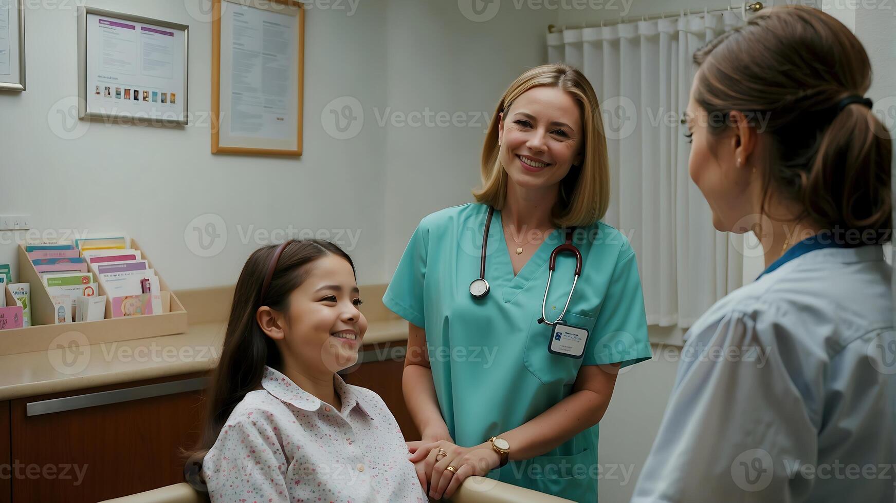 AI generated A young girl is lying on an exam table in a doctor's office. A female doctor is standing next to her, smiling and talking to her photo