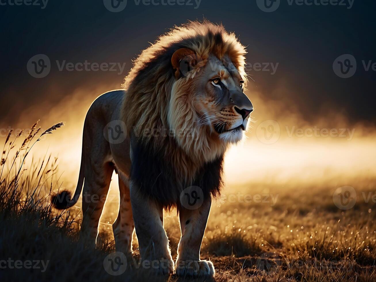 AI generated a lion standing in the grass at sunset photo