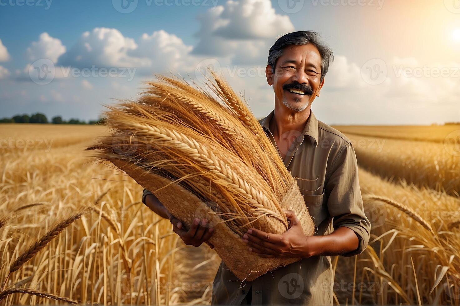 AI generated A man farmer is carrying rice in his vast agricultural land photo