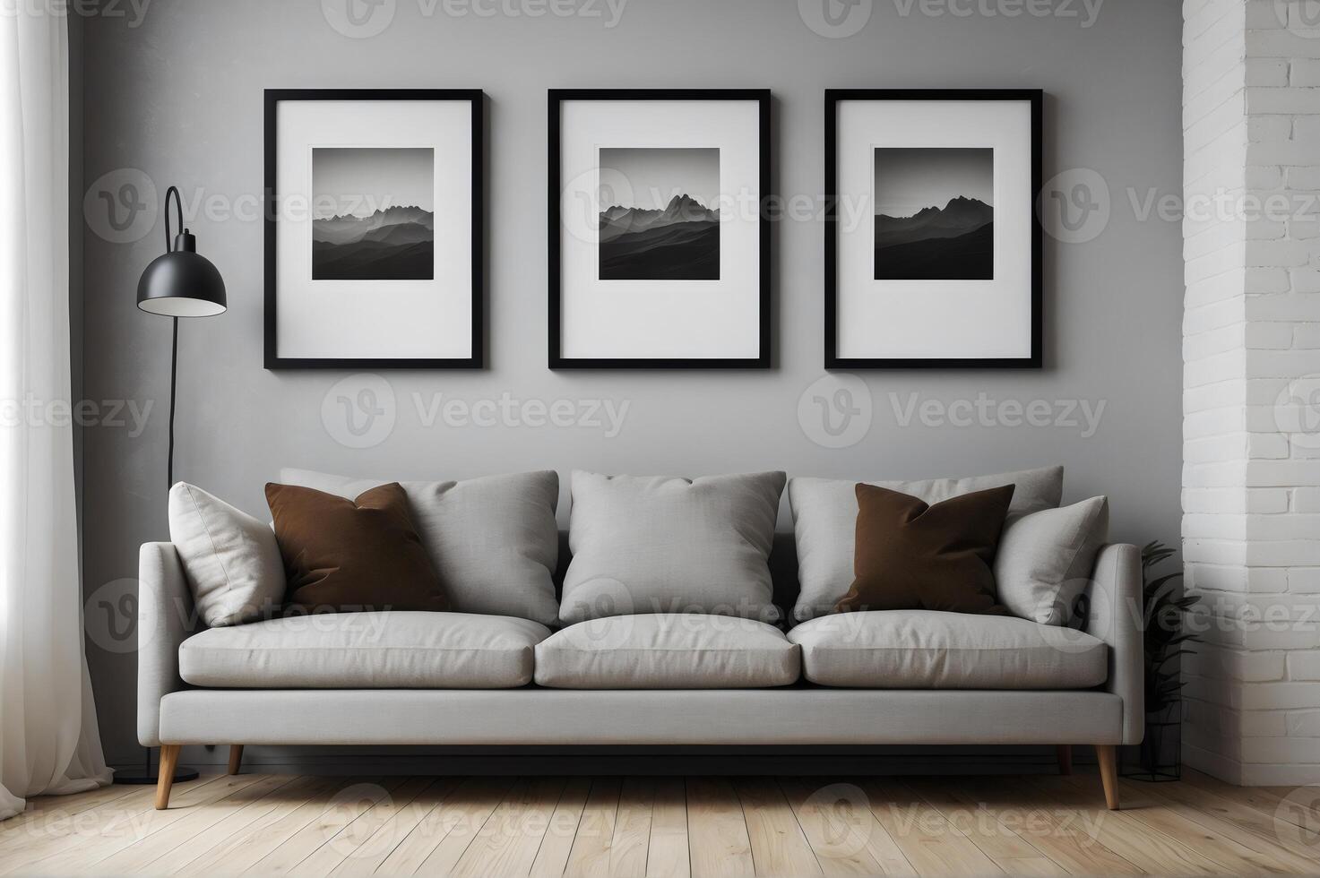 AI generated three framed photographs on the wall above a couch photo