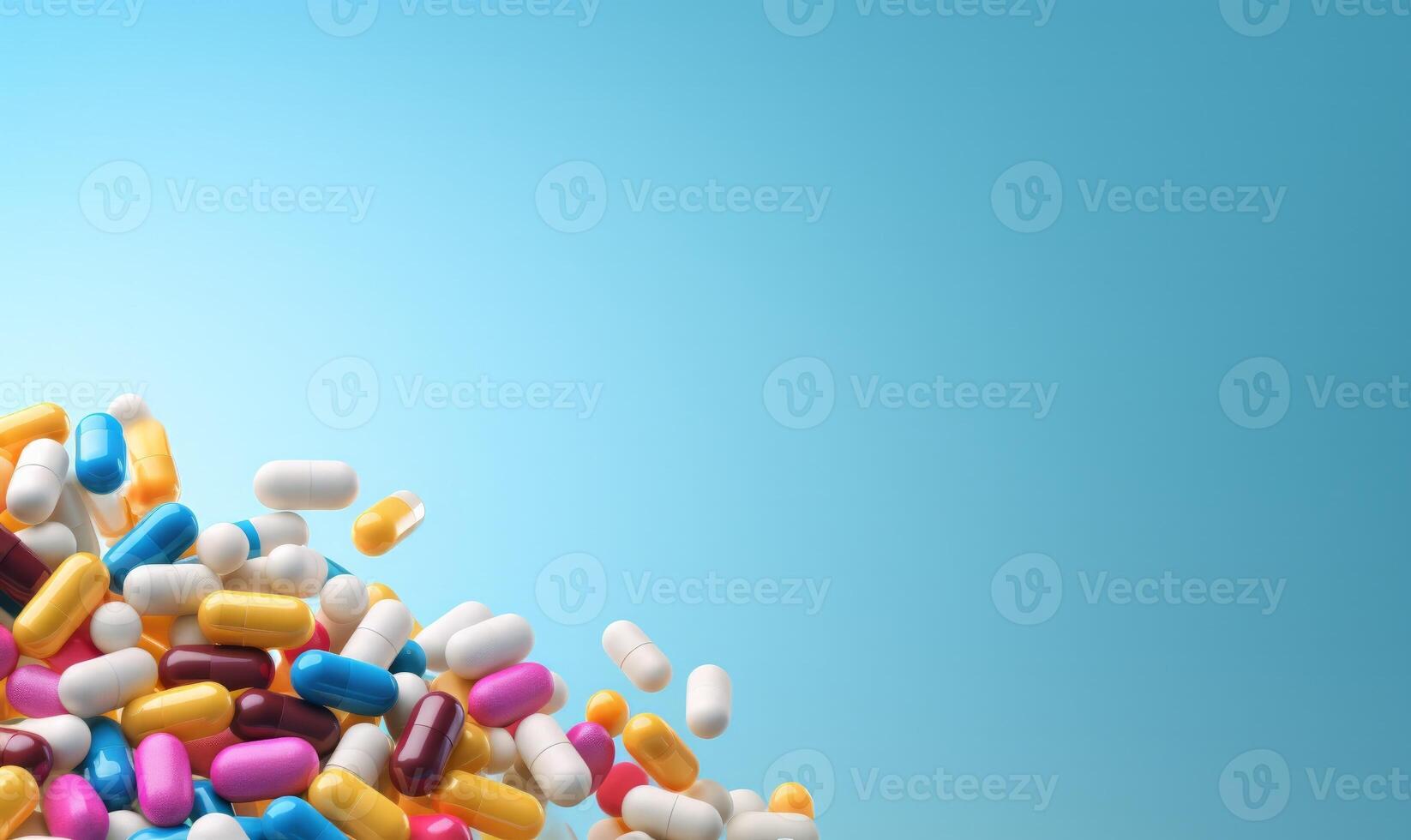 AI generated Colorful pills and tablets on a blue surface photo