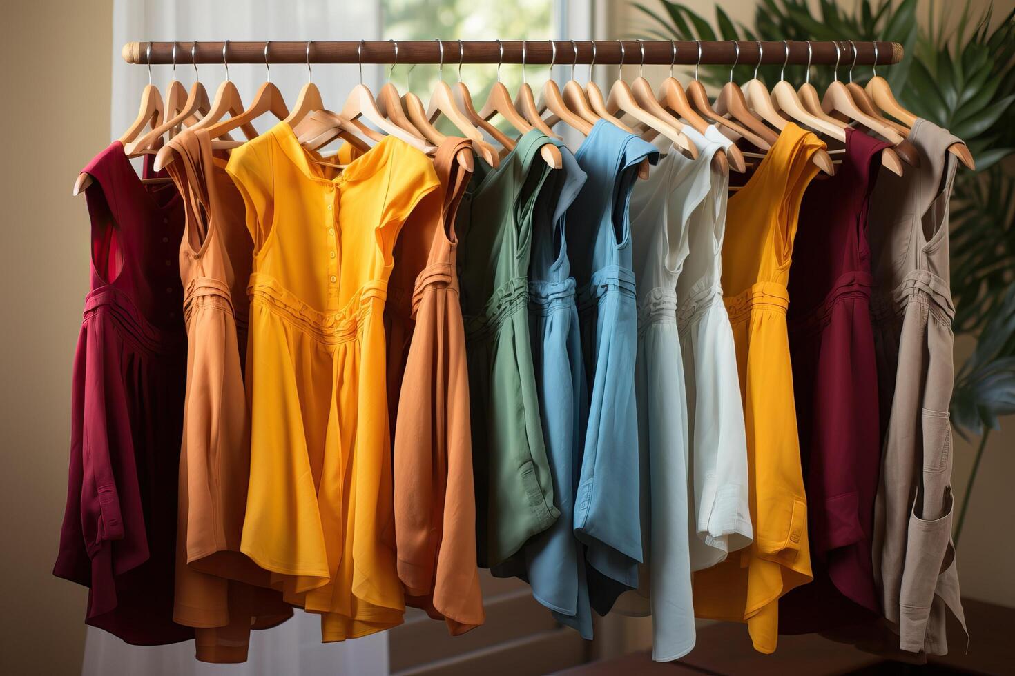 AI generated Neat women's clothes hang on hangers in the dressing room. photo
