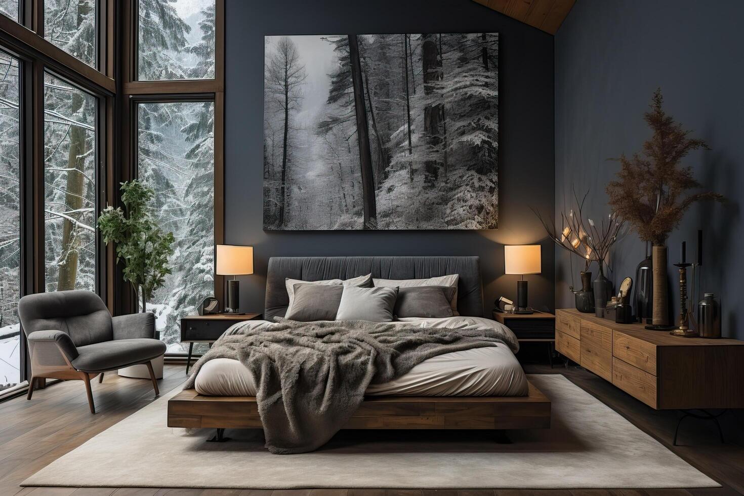 AI generated A bedroom in dark gray color with a large stained glass window with a forest landscape. photo