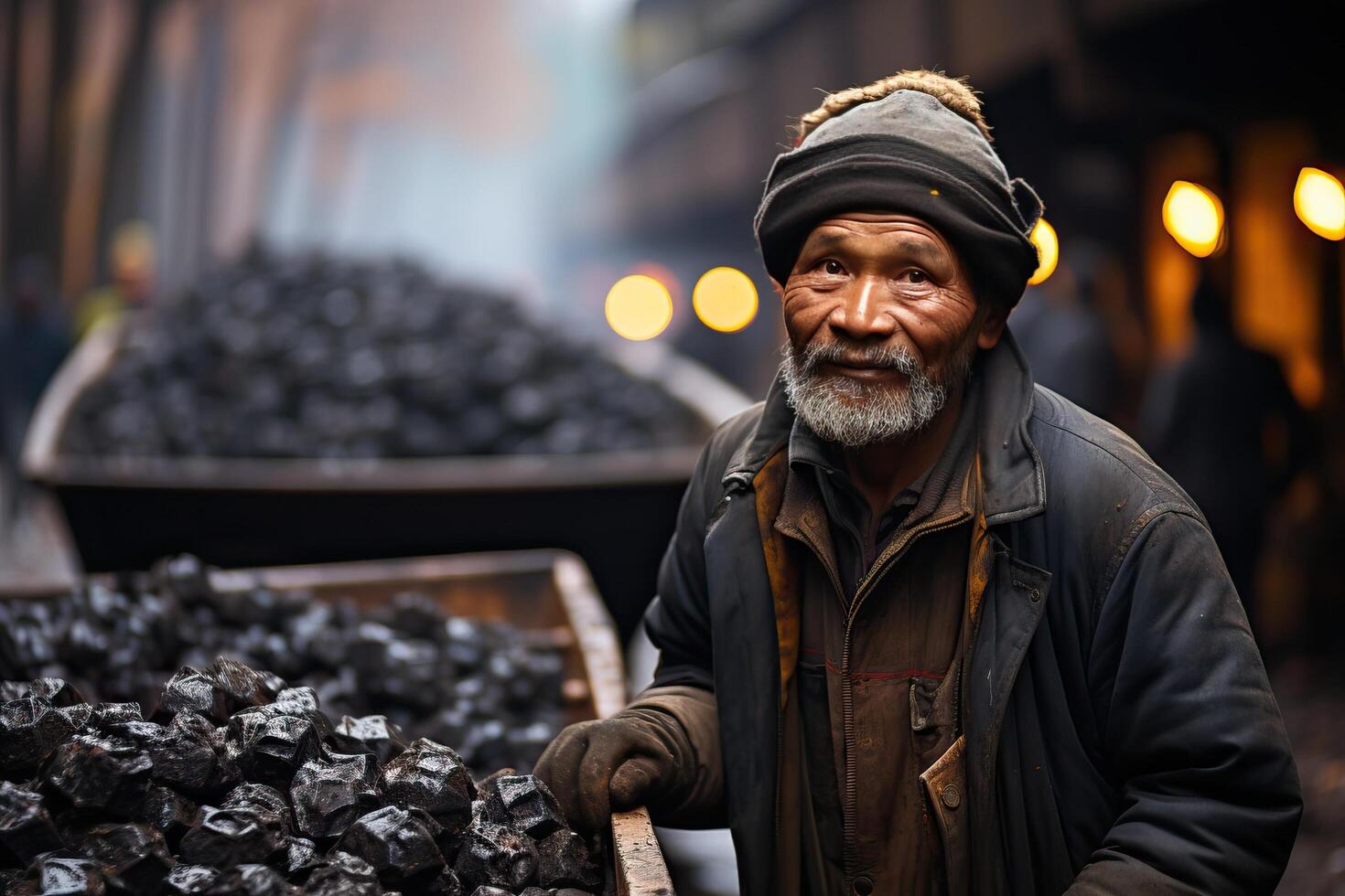 AI generated An old miner man pushes a trolley with coal, An old and reliable trolley for carrying and transporting black coal from the mine. photo