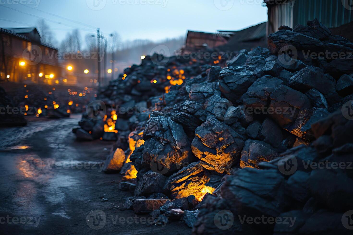 AI generated Pieces of black coal lie in a large pile on the outside. photo