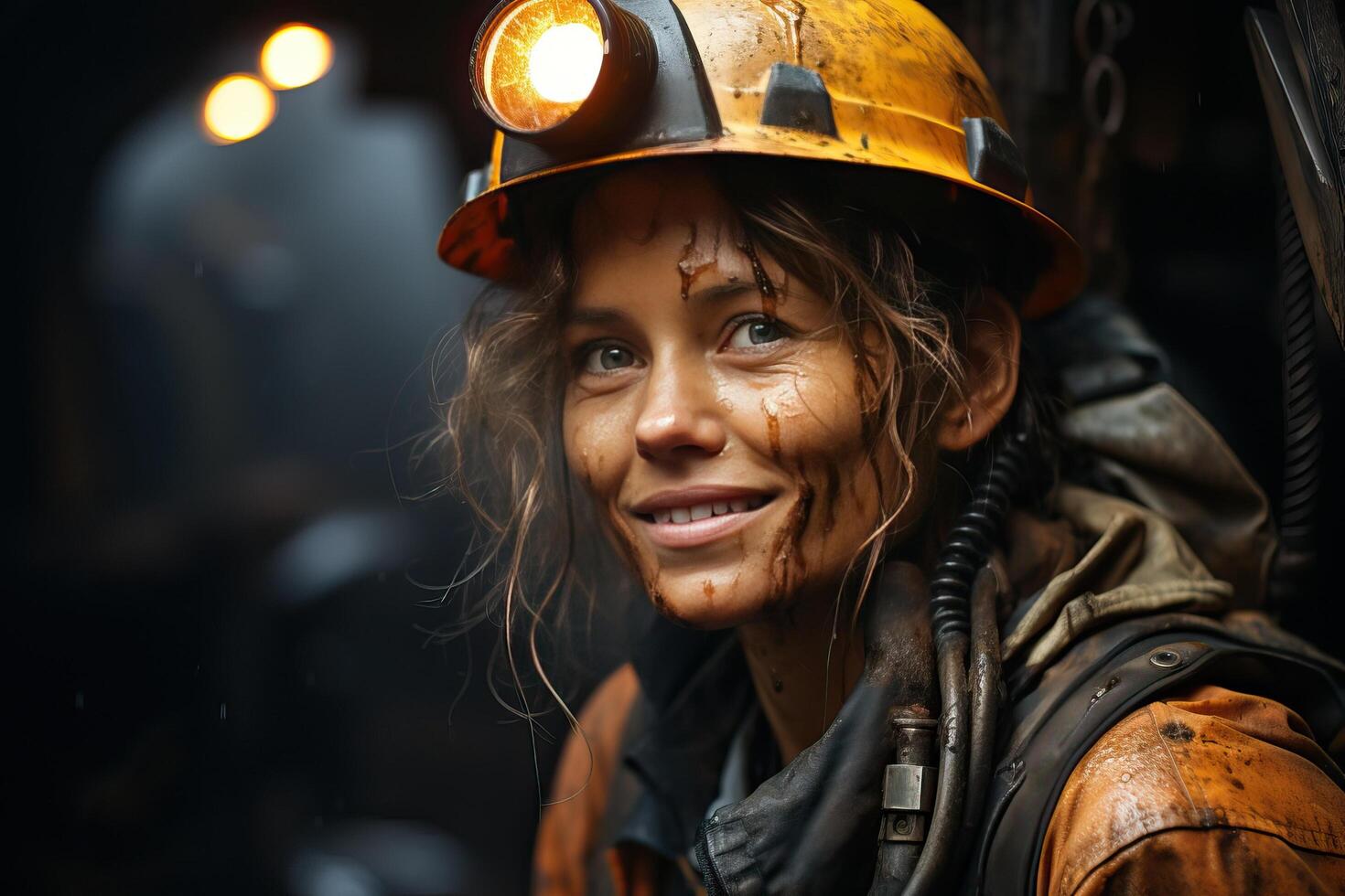 AI generated Portrait of a miner's girl with a dirty and wet face. photo