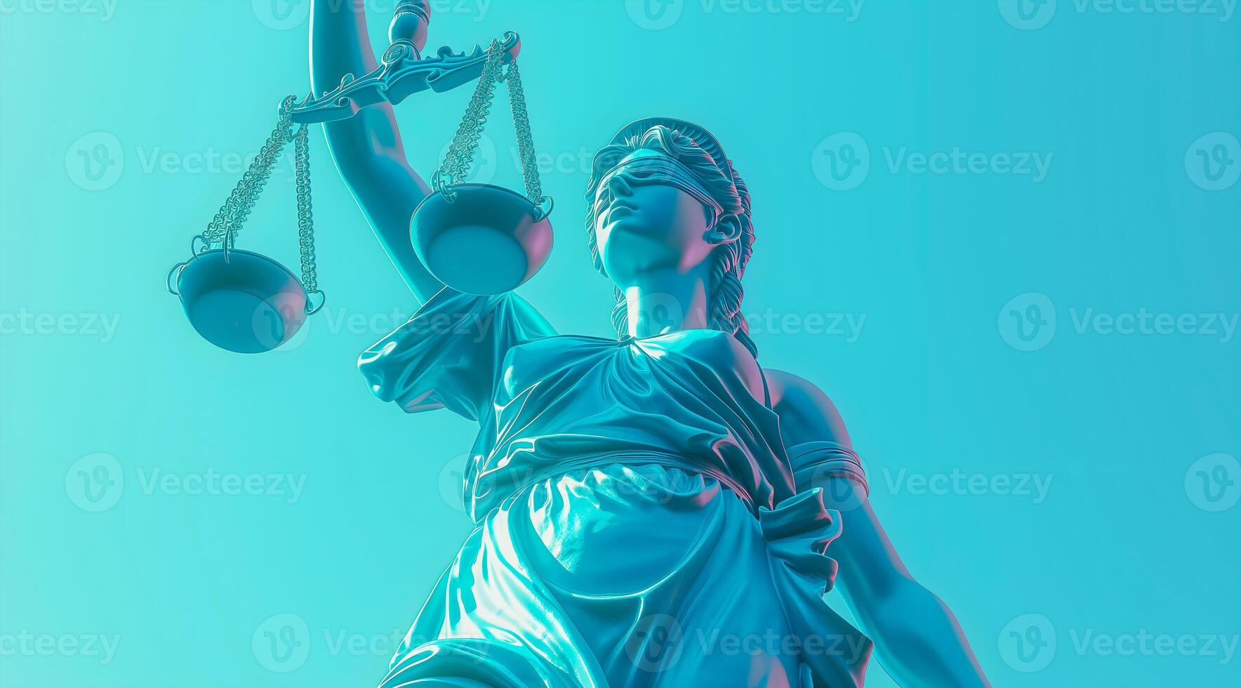 AI generated A striking representation of Lady Justice, draped in turquoise, stands with scales perfectly balanced, her blindfold symbolizing the impartiality of the law against a clear sky photo