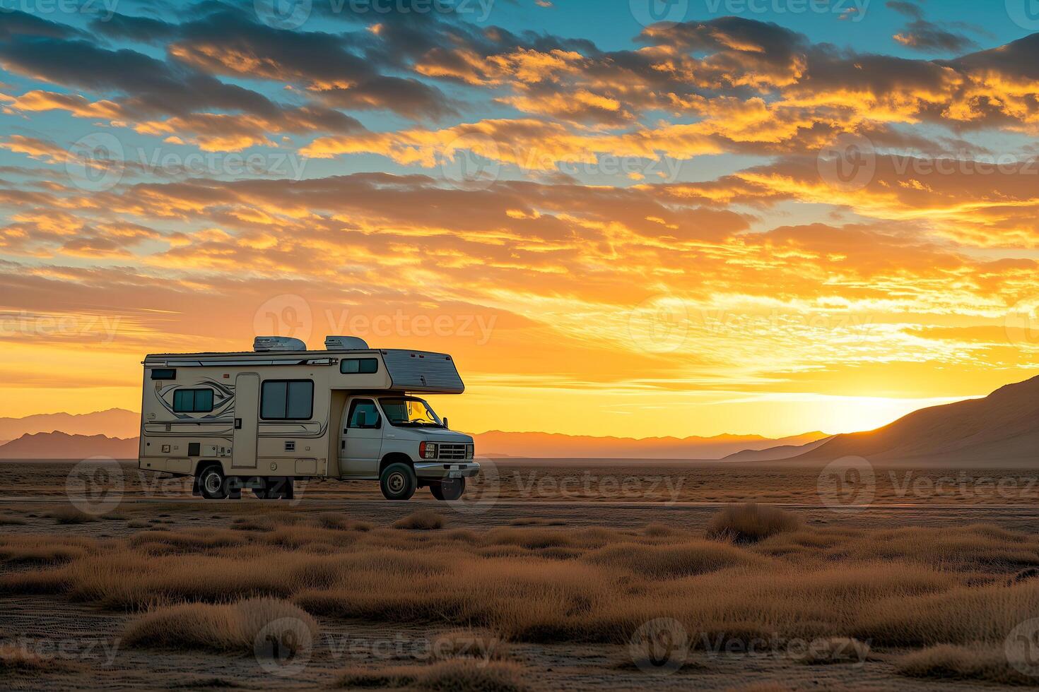 AI generated As the sun sets, painting the sky with fiery hues, a solitary RV stands in the vastness of the desert, symbolizing both the solitude and the freedom of the wilderness photo