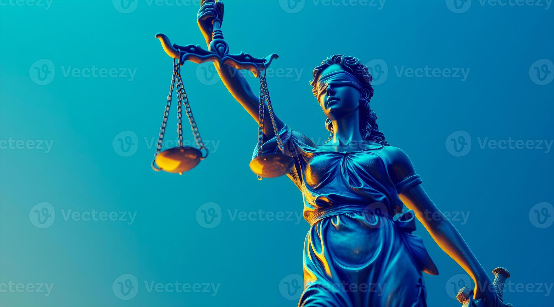 ai generado un imponente estatua de dama justicia, emitir en un sorprendentes azul tono, sostiene el equilibrado escamas de justicia en alto en contra un calma degradado azul antecedentes foto