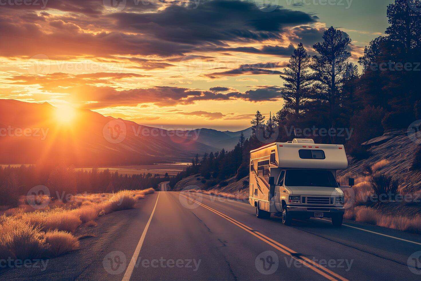 AI generated An RV journey at sunset, with the vehicle facing the diminishing sun on a tranquil mountain road, offering a sense of adventure and the beauty of the great outdoors photo