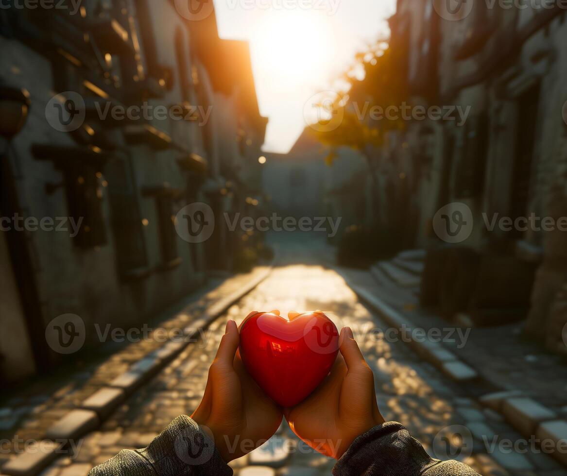 AI generated In the golden hour light, a pair of hands tenderly holds a red heart shape, against the backdrop of a quaint cobblestone street in an old-world town photo
