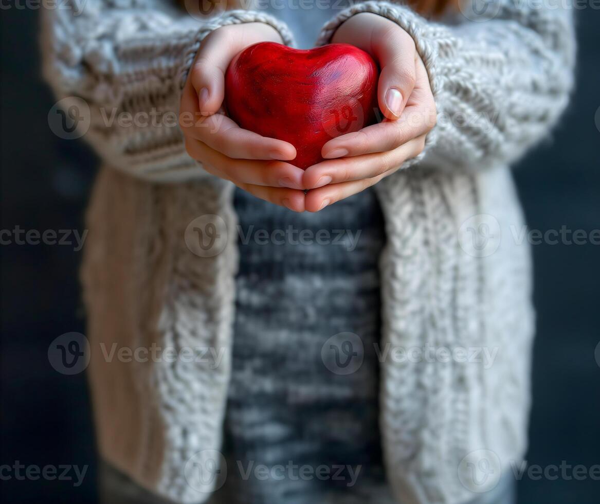 AI generated Close-up of a woman's hands gently holding a vibrant red heart, symbolizing love and compassion, with a soft-focus on the cozy knitted sweater background photo