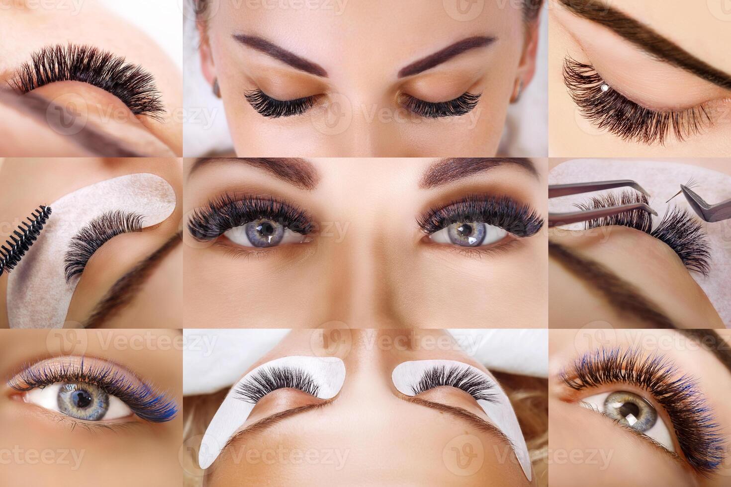 Eyelash extension procedure. Beautiful Woman with long lashes in a beauty salon. Collage. photo