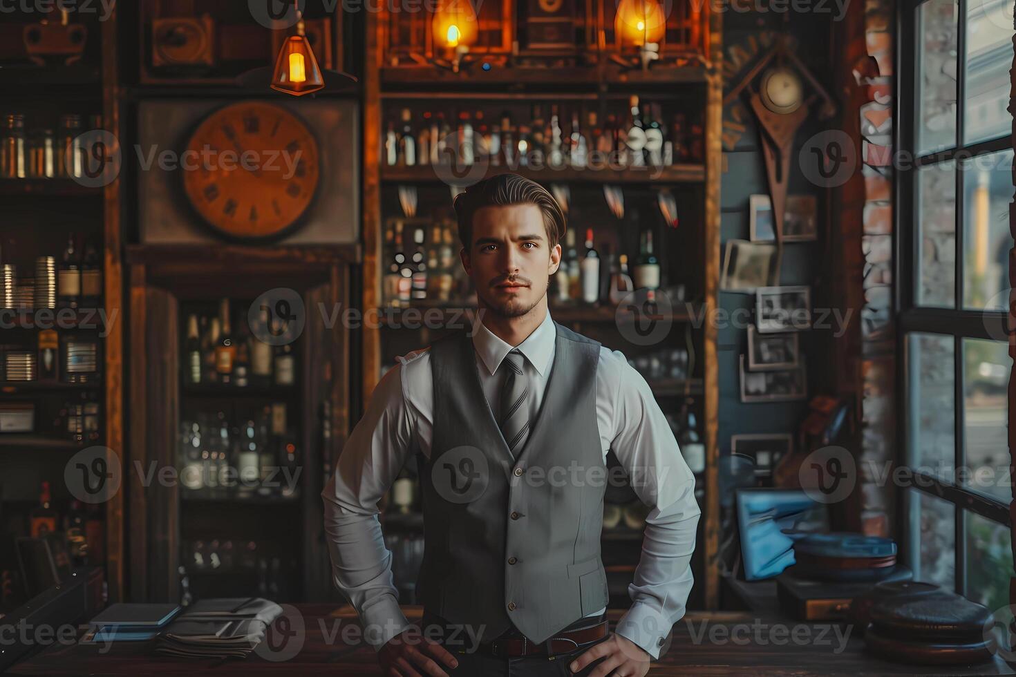 AI generated Stylish Bartender in Vintage Pub Setting photo