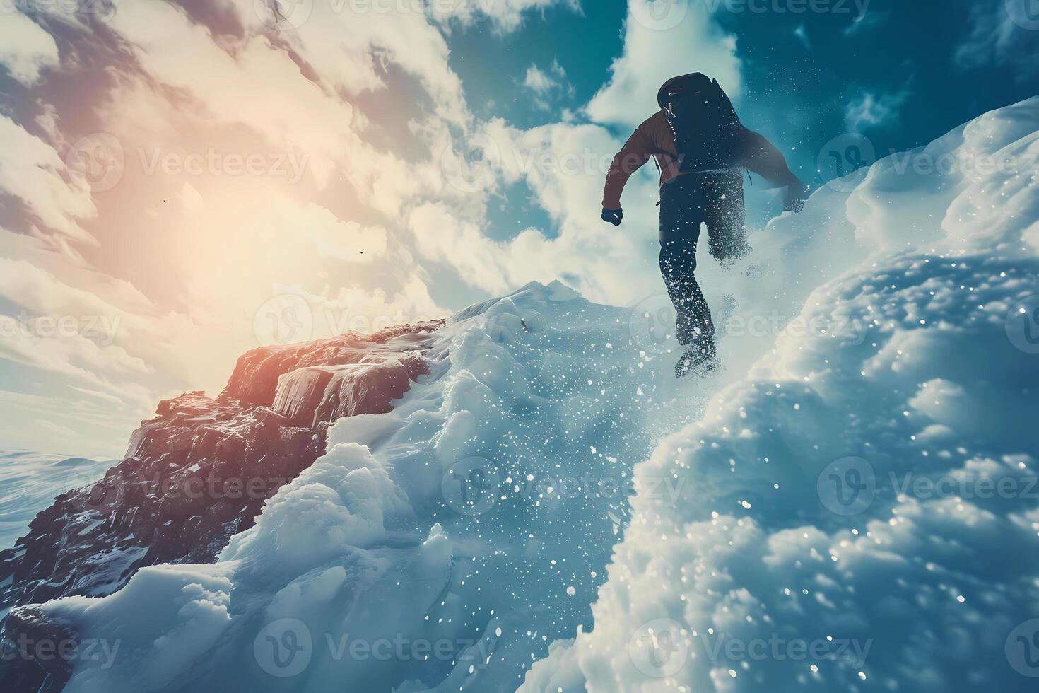 AI generated Adventurer Climbing Snowy Mountain Peak at Sunrise photo
