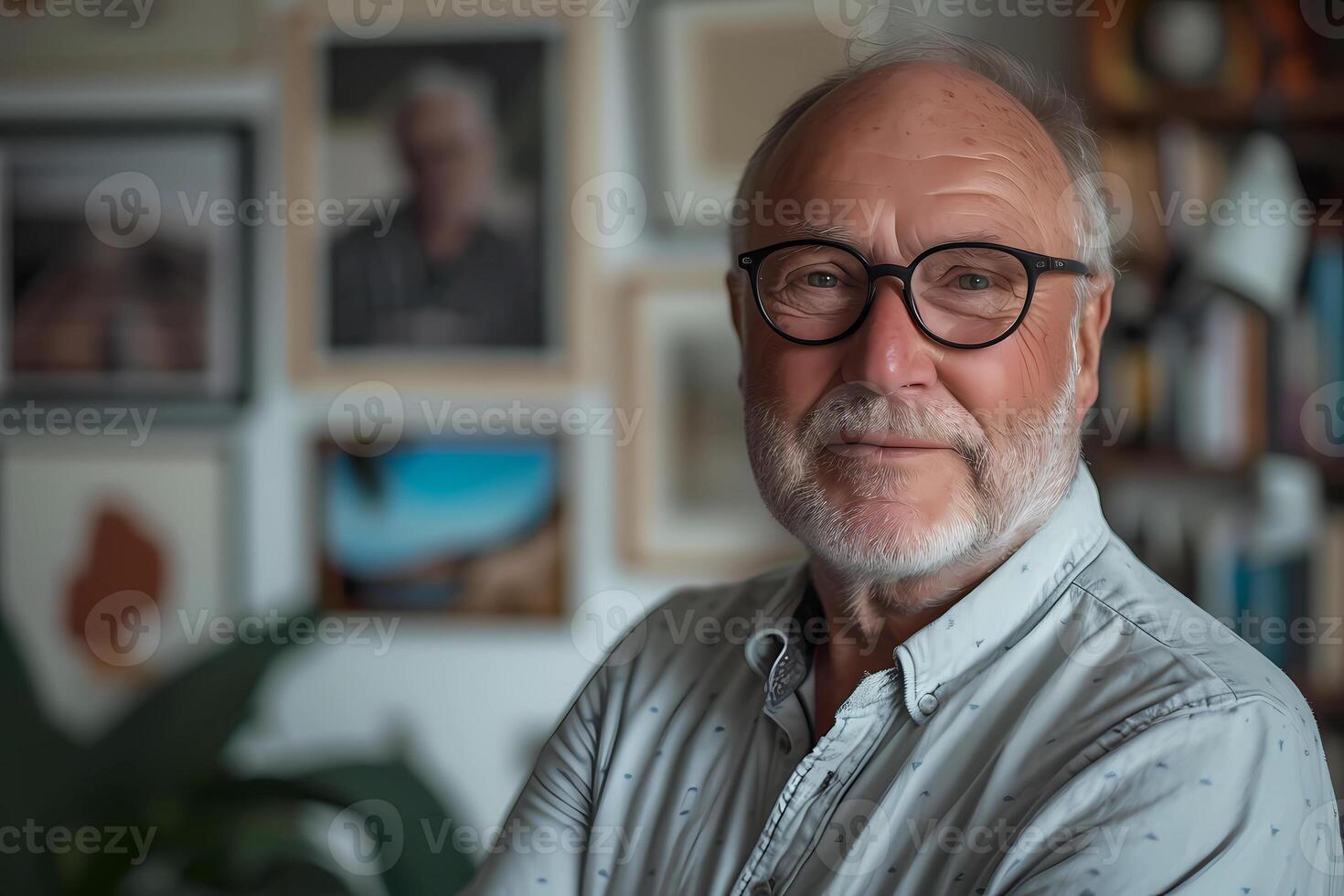 ai generado retrato de un mayor hombre con lentes a hogar foto