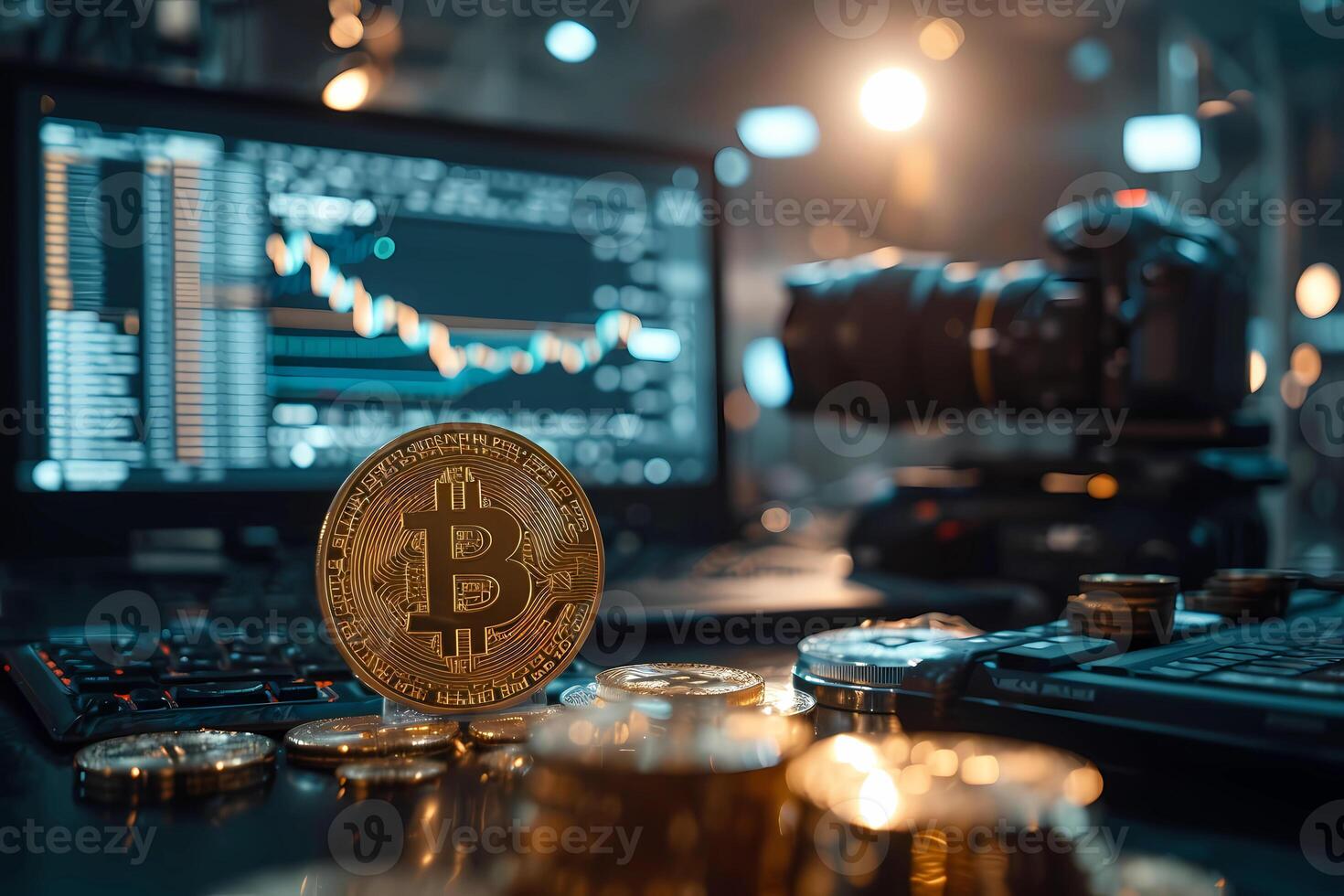 AI generated Bitcoin Token in Focus with Cryptocurrency Analysis Background photo