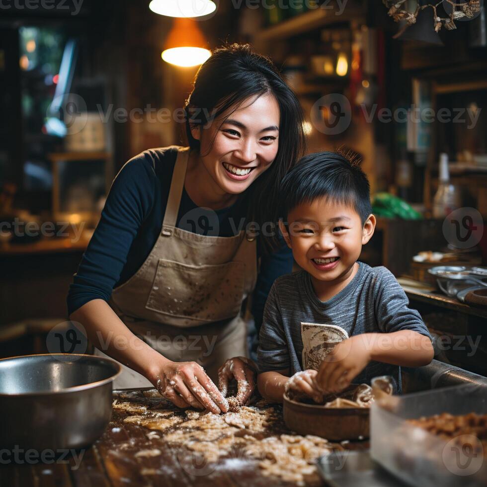 ai generado un foto de un asiático niño Ayudar su mamá en el cocina