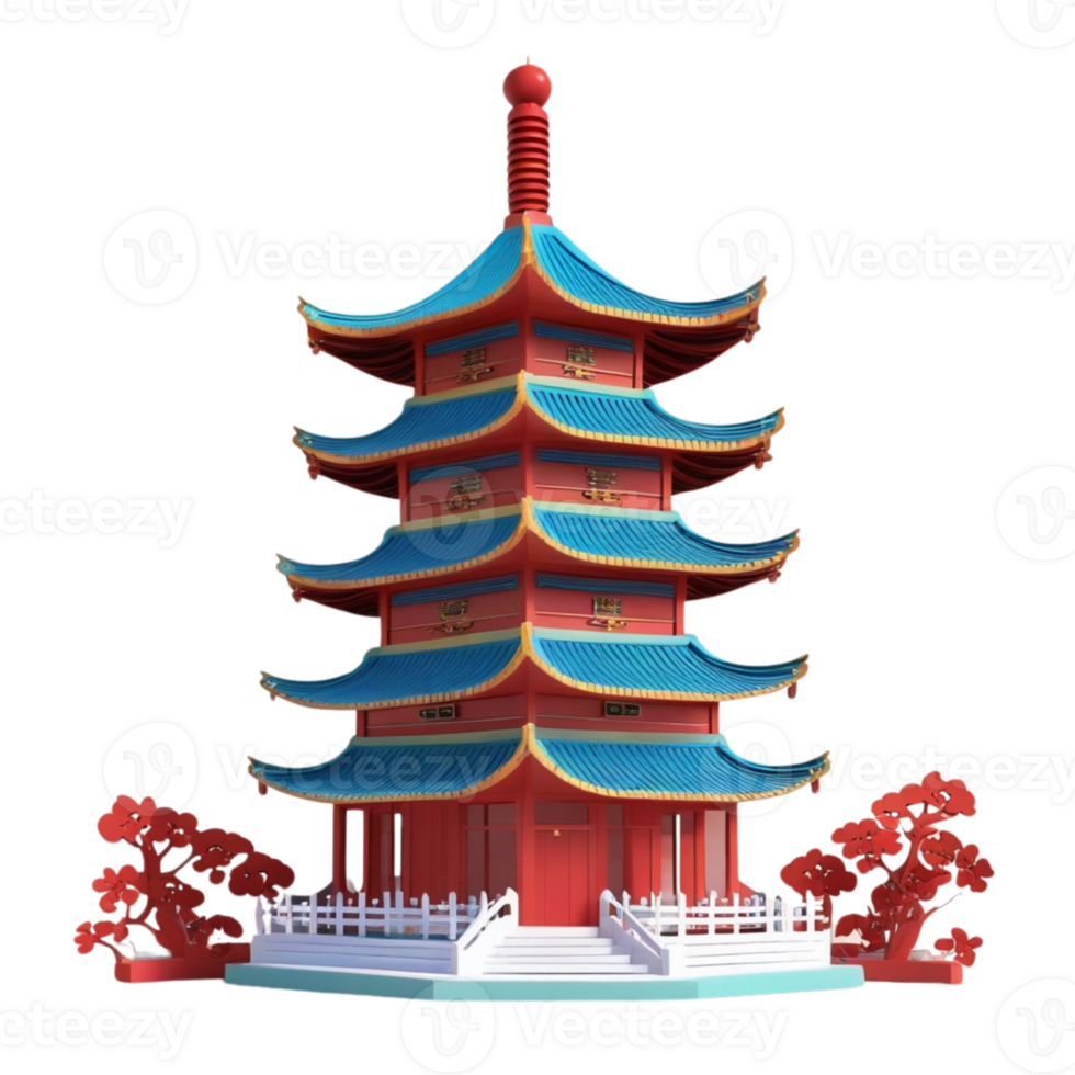 AI generated 3d render of pagoda for chinese new year on isolated transparent background png, generated with AI png