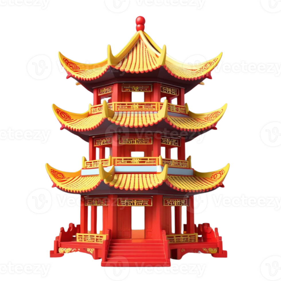 AI generated 3d render of pagoda for chinese new year on isolated transparent background png, generated with AI png