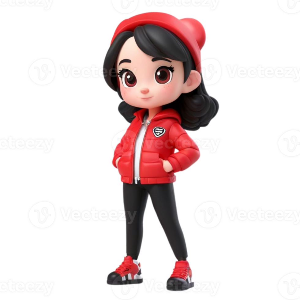 AI generated 3d a young girl with a red jacket and black pant on isolated transparent background png, generated with AI png