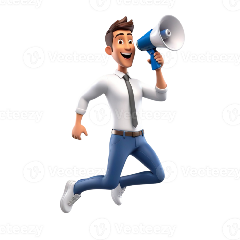 AI generated 3d male character jumping and holding a megaphone on isolated transparent background png, generated with AI png