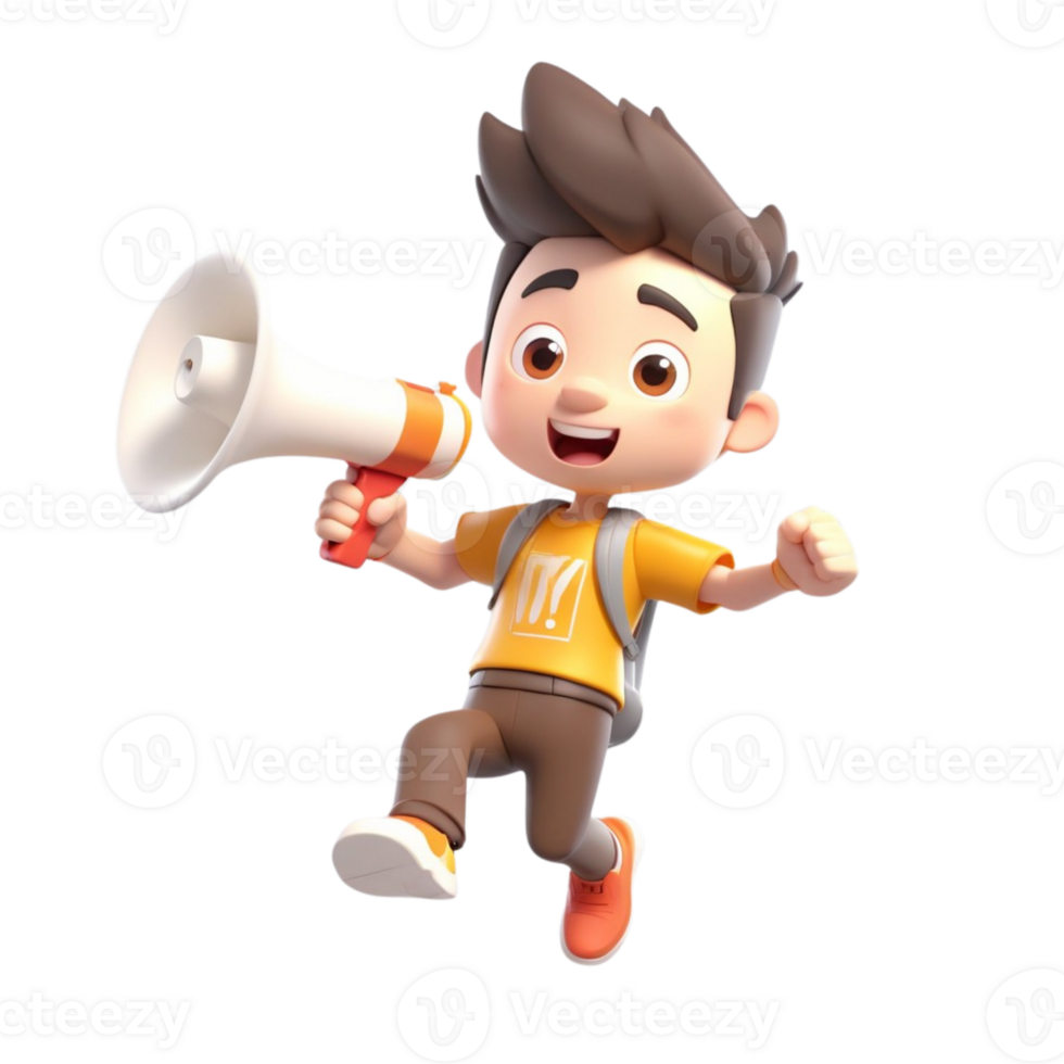 AI generated 3d male character jumping and holding a megaphone on isolated transparent background png, generated with AI png